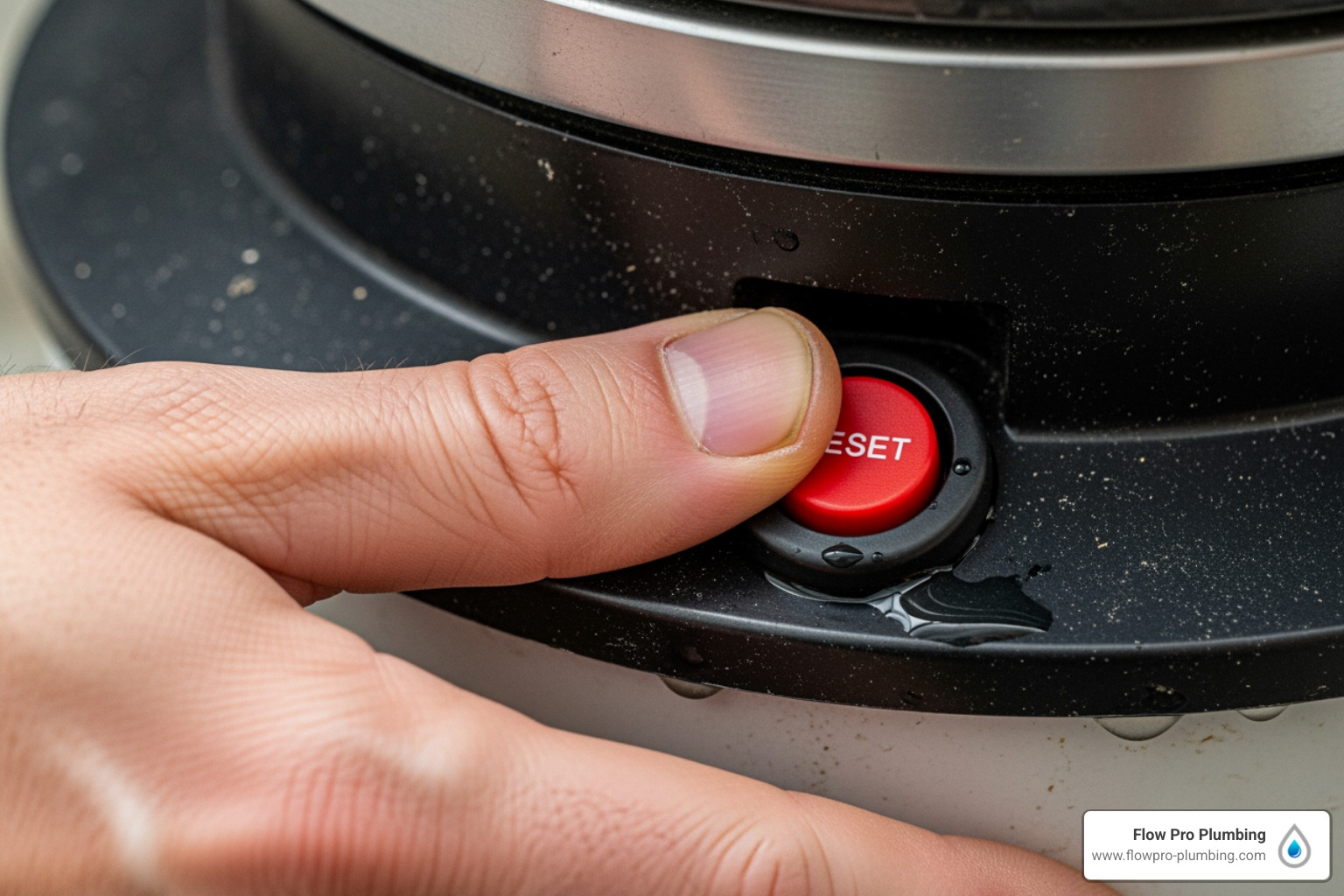 Hand pressing the red reset button on the bottom of a garbage disposal unit - My garbage disposal won't drain. I need a plumber in Pittsburg to come take a look at it." Hand pressing the red reset button on the bottom of a garbage disposal unit - My garbage disposal won't drain. I need a plumber in Pittsburg to come take a look at it."