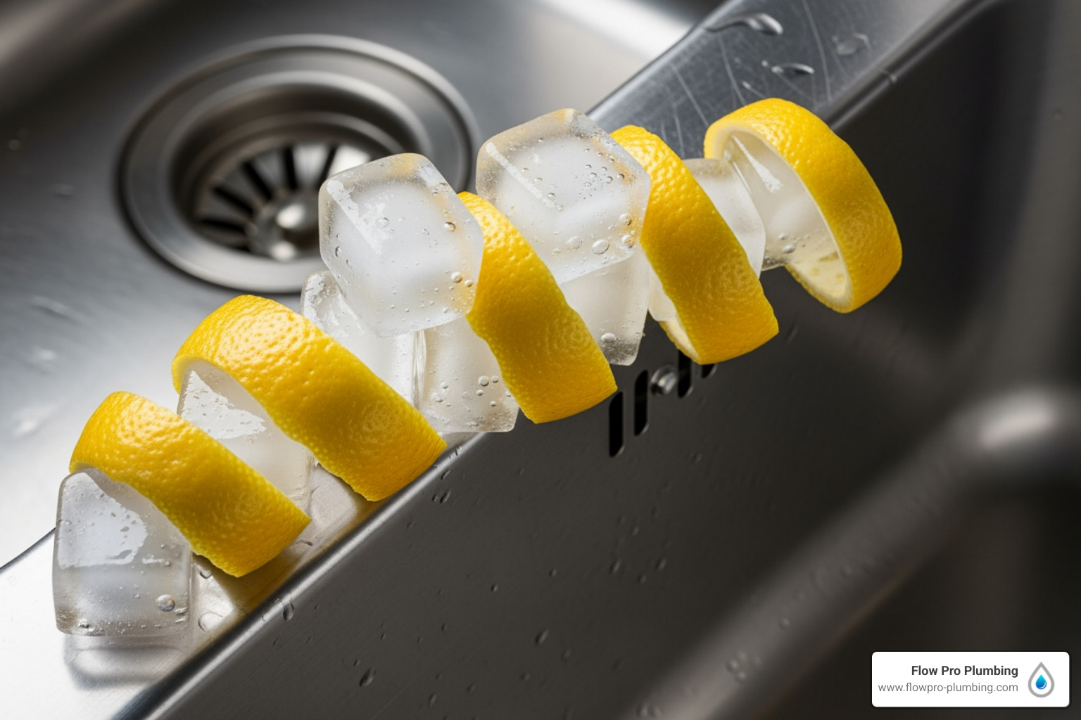 Ice cubes and lemon peels resting on the edge of a clean kitchen sink, ready to be used for garbage disposal cleaning - My garbage disposal won't drain. I need a plumber in Pittsburg to come take a look at it." Ice cubes and lemon peels resting on the edge of a clean kitchen sink, ready to be used for garbage disposal cleaning - My garbage disposal won't drain. I need a plumber in Pittsburg to come take a look at it."