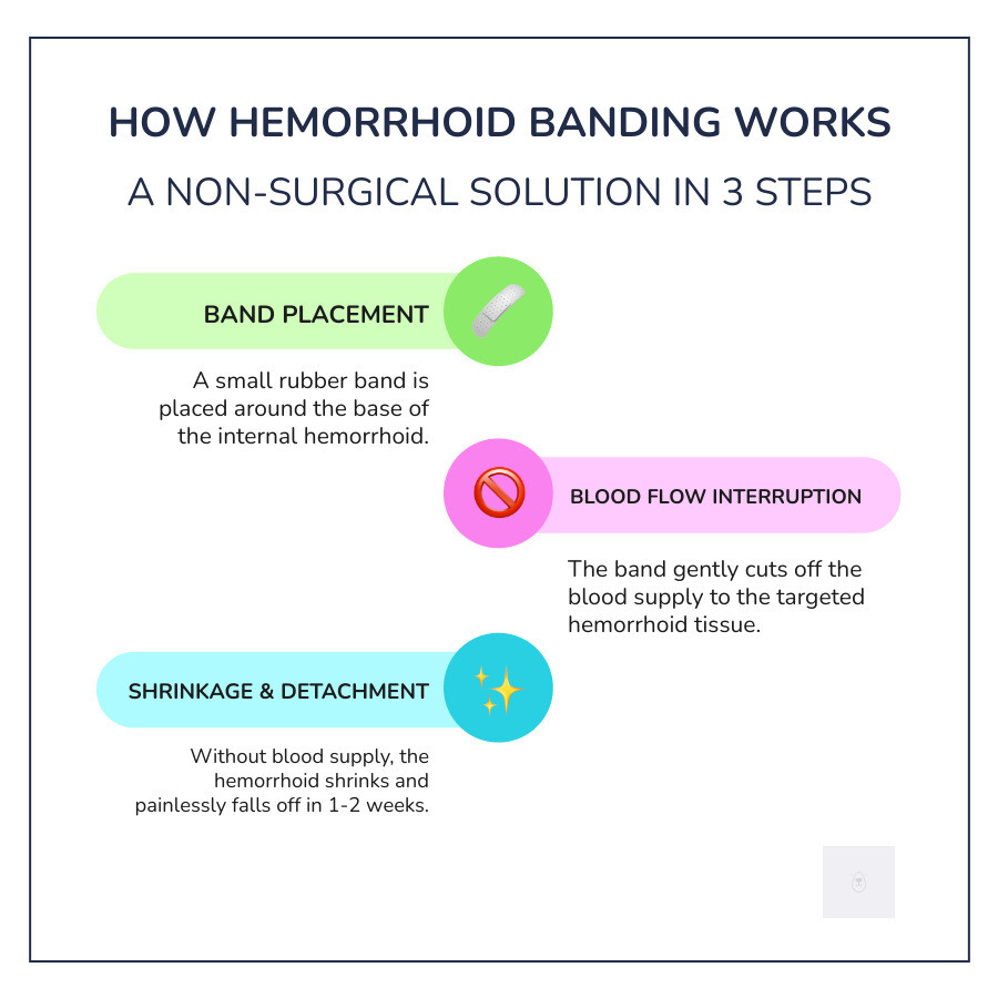 grades of internal hemorrhoids and how banding works - hemorrhoid banding infographic infographic-line-3-steps-colors