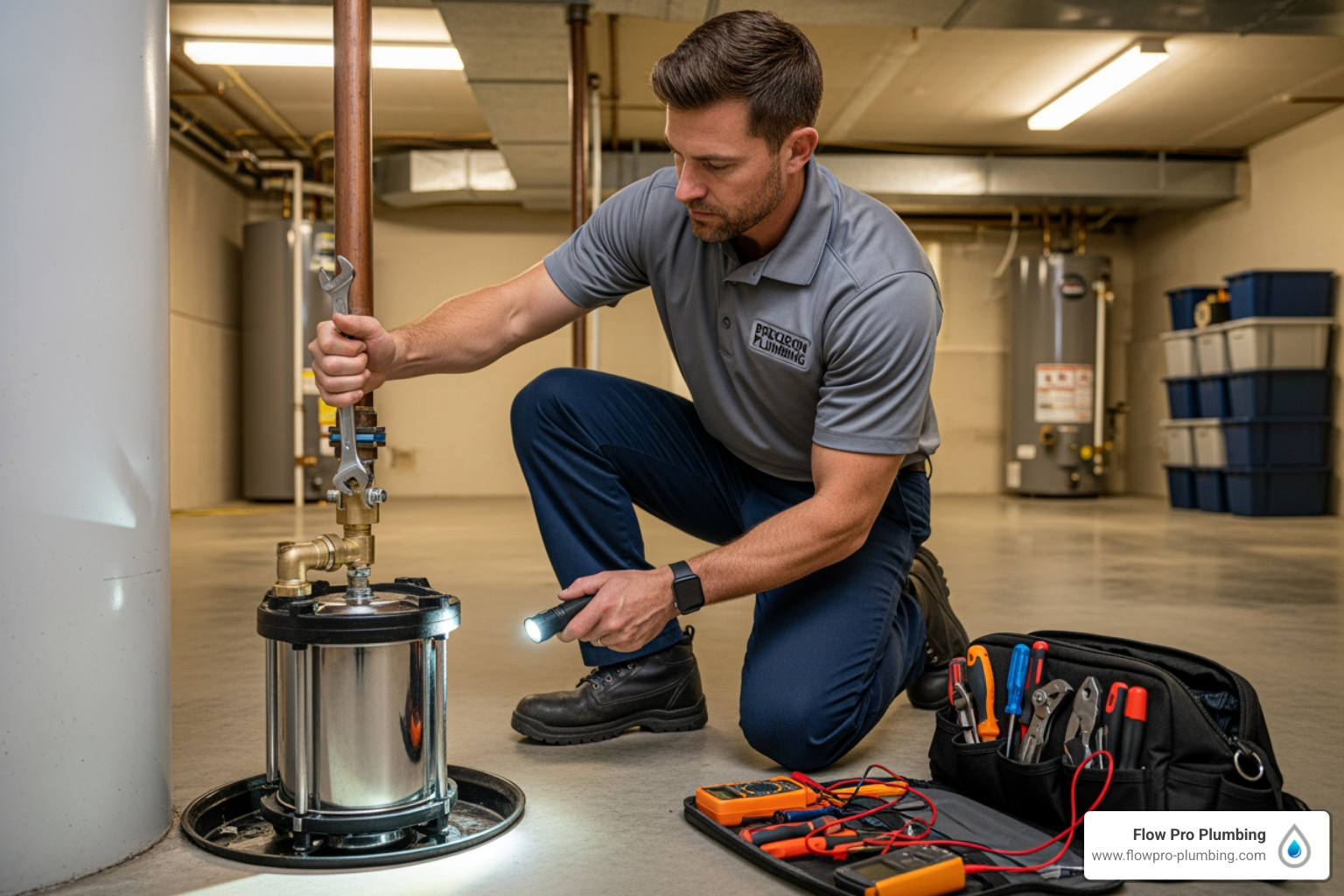 technician performing sump pump maintenance - "My sump pump is not working and there's water in my basement. I need an emergency plumber in Discovery Bay." technician performing sump pump maintenance - "My sump pump is not working and there's water in my basement. I need an emergency plumber in Discovery Bay."