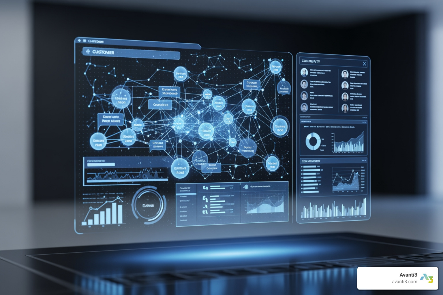futuristic interface showing interconnected customer data points and community interactions - customer engagement