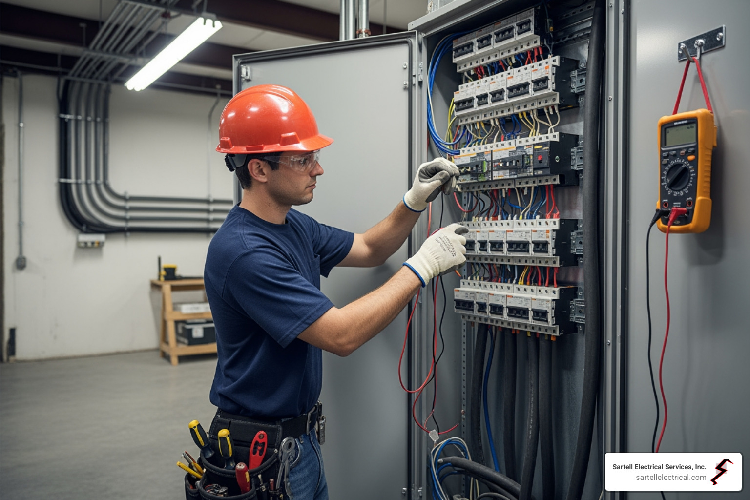 Licensed electrician performing a commercial electrical panel upgrade - commercial electric panel