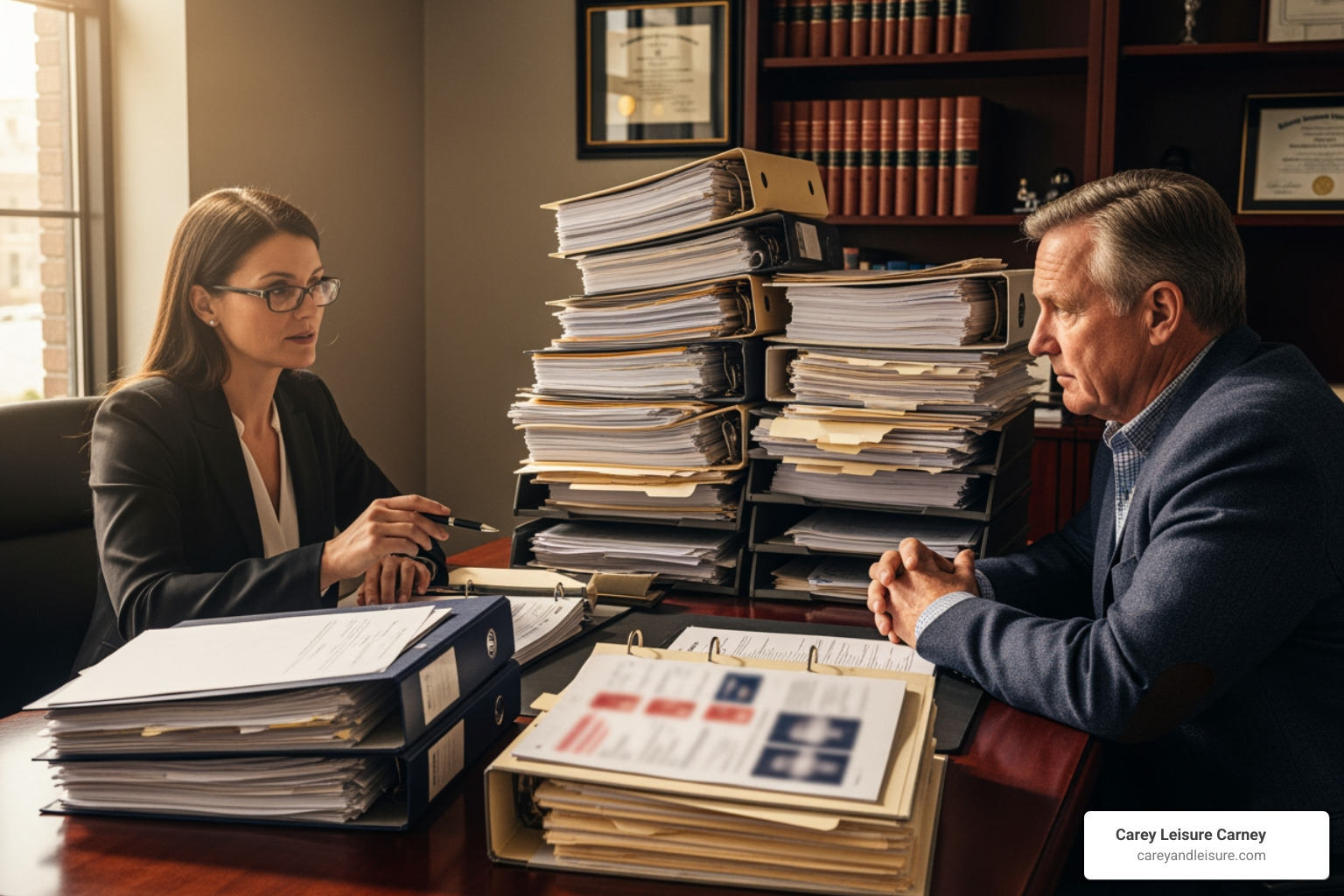 A lawyer and client reviewing a large stack of medical files, emphasizing the volume of evidence in medical malpractice cases - medical malpractice lawyer