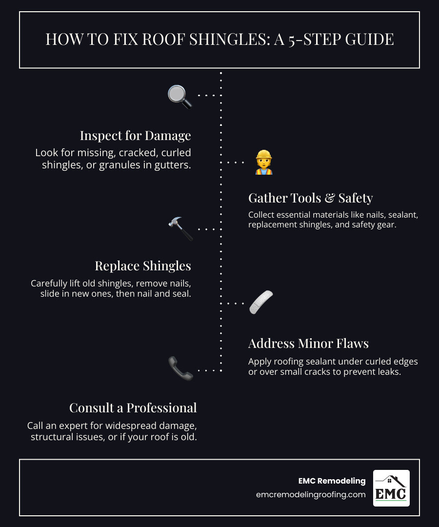 Infographic showing the step-by-step process to fix roof shingles: 1) Inspect for damage (missing, cracked, curled shingles, granule loss in gutters), 2) Gather safety gear and tools (harness, pry bar, hammer, roofing nails, sealant, replacement shingles), 3) Replace damaged shingles (lift surrounding shingles, remove nails, slide out old shingle, install new one, seal), 4) Repair minor damage (apply sealant under curls or over cracks), 5) Know when to call a professional (widespread damage, structural issues, roof age 20+ years, safety concerns) - fix roof shingles infographic infographic-line-5-steps-dark