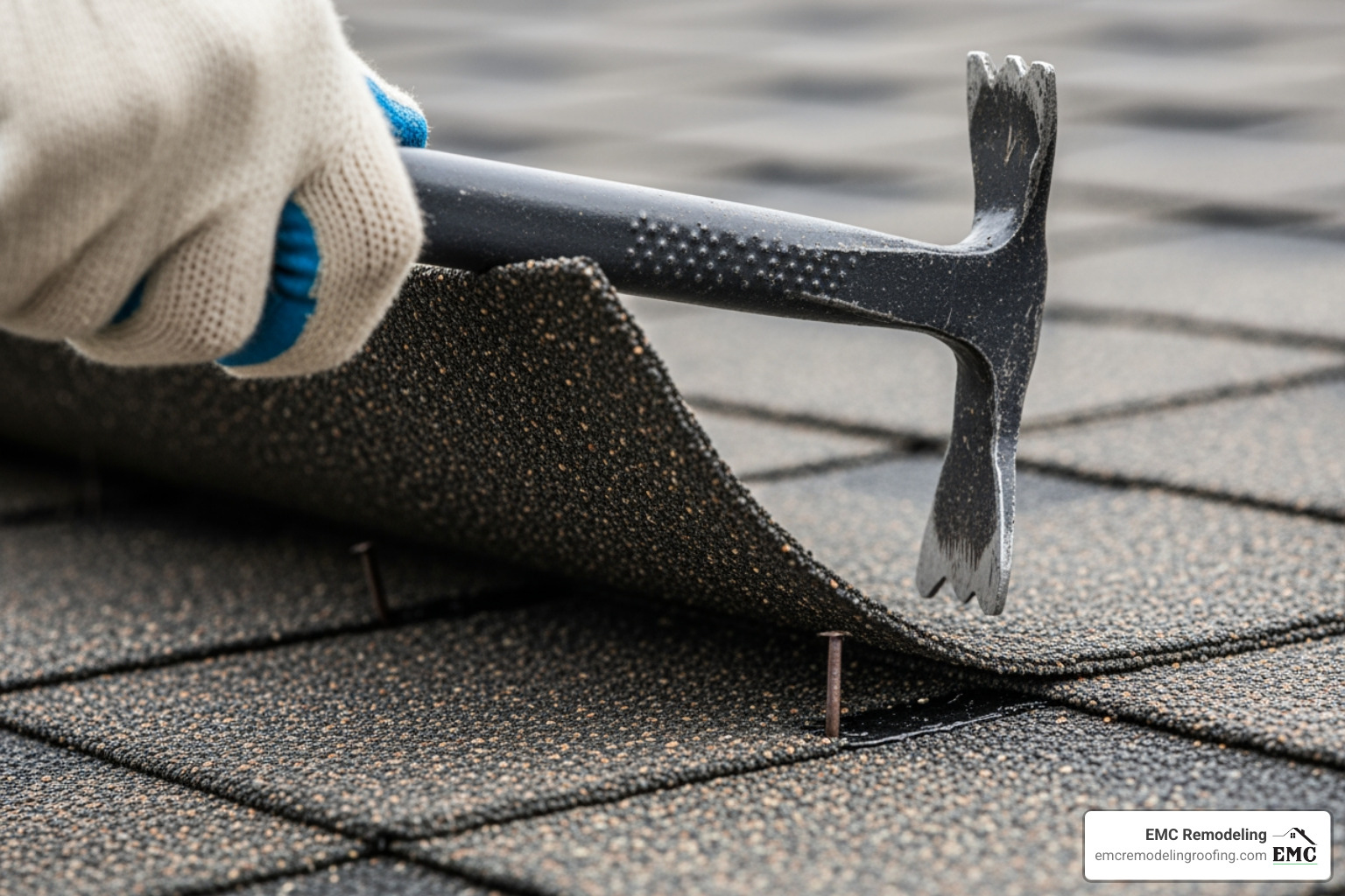 close-up of a shingle being carefully lifted with a pry bar - fix roof shingles