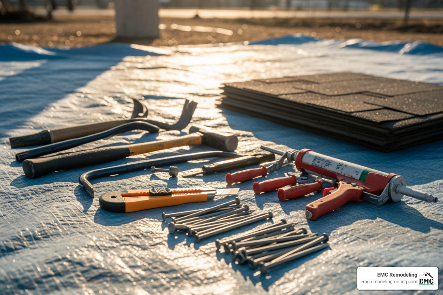 all necessary tools and materials laid out neatly on a tarp - fix roof shingles