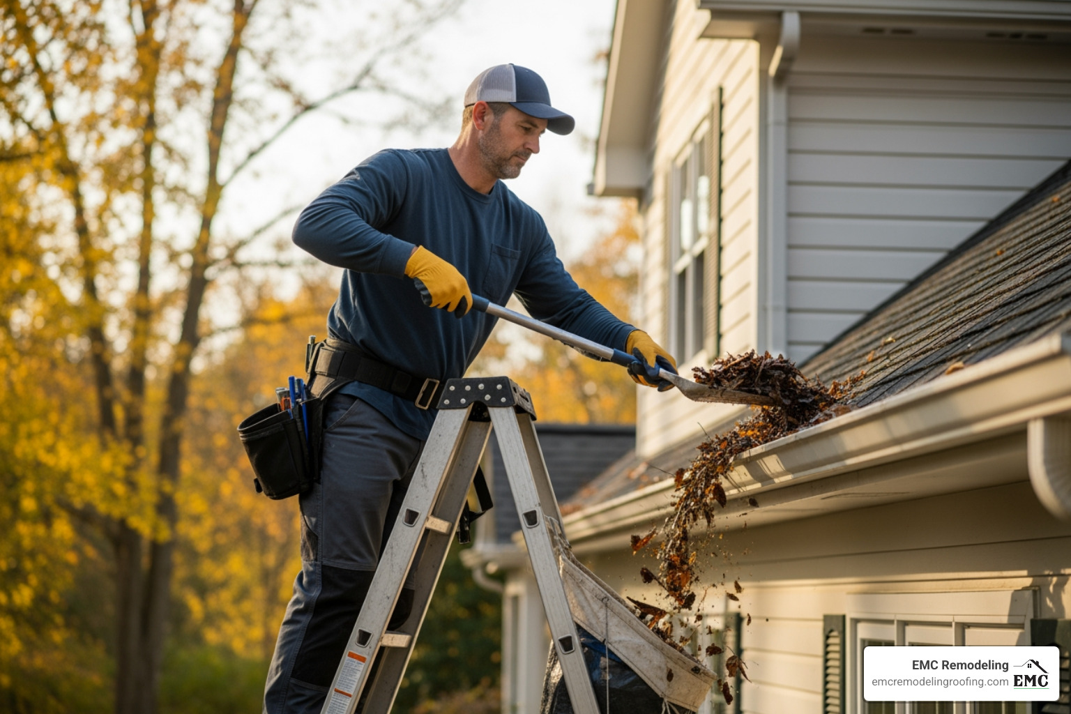 homeowner cleaning gutters - fix roof shingles