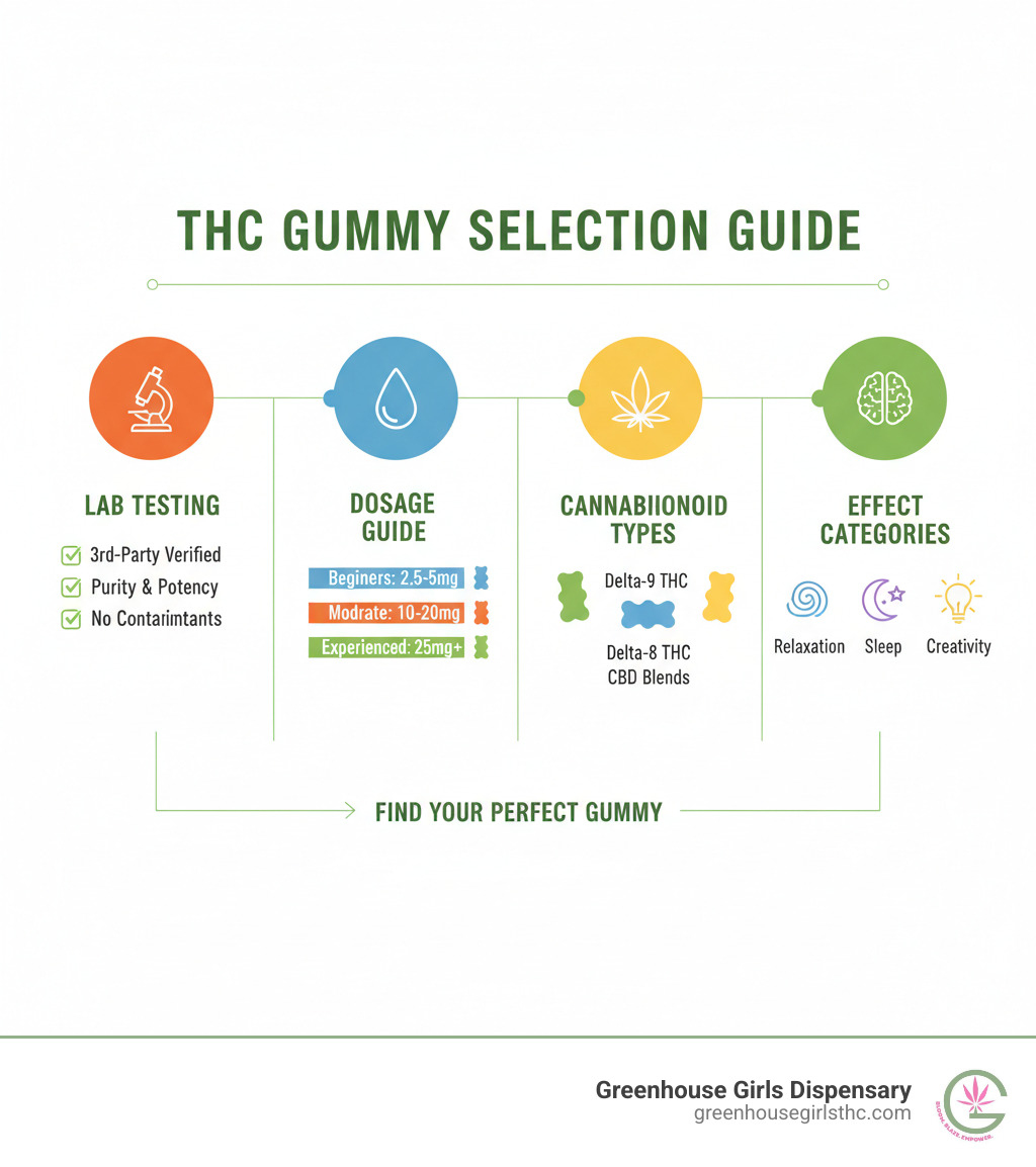 Infographic showing THC gummy selection criteria including lab testing checkpoints, dosage ranges for beginners (2.5-5mg), moderate users (10-20mg), and experienced users (25mg+), cannabinoid types (Delta-9, Delta-8, CBD blends), and effect categories (relaxation, sleep, creativity) - best thc gummies infographic 