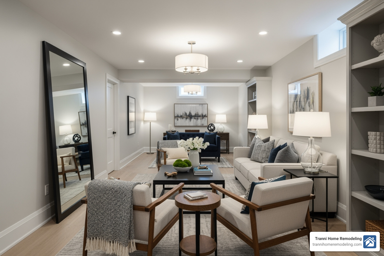 Well-designed narrow basement living room - Basement design ideas