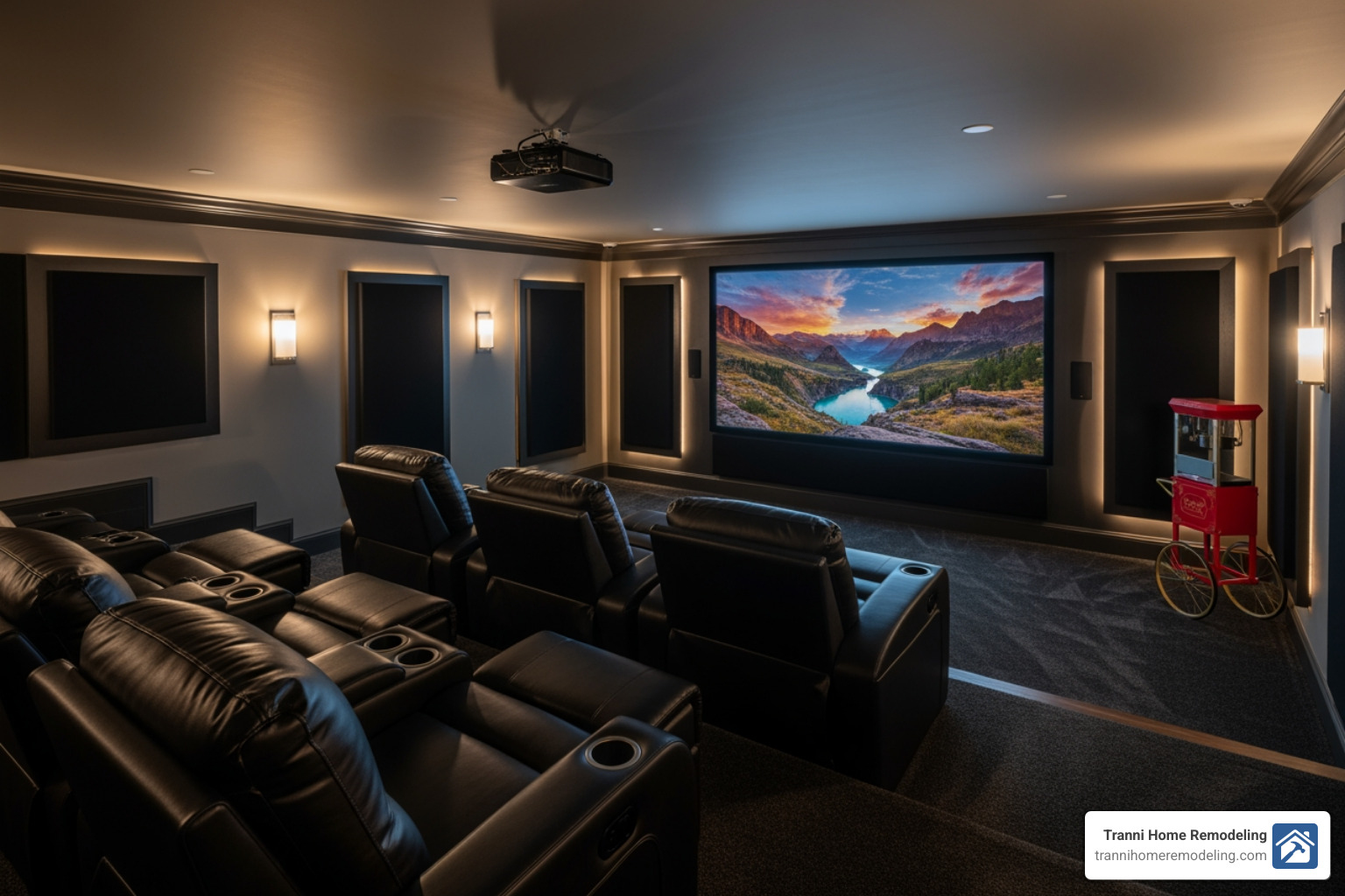 Luxurious basement home theater with tiered seating and a large screen - Basement design ideas
