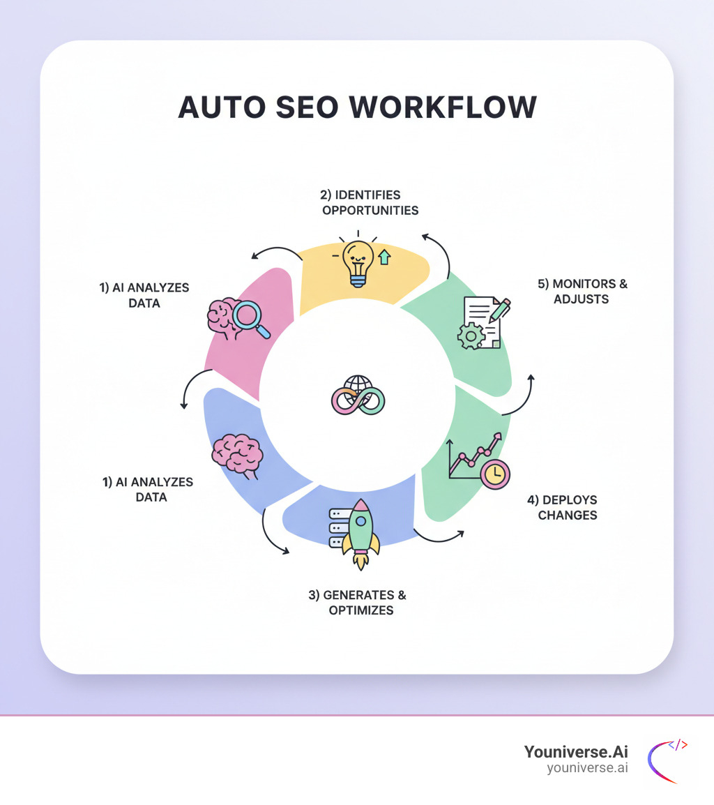 Infographic showing the auto SEO workflow: 1) AI analyzes your website and competitors 2) Identifies optimization opportunities 3) Generates optimized content and fixes 4) Deploys changes automatically 5) Monitors performance and adjusts strategy 6) Repeats the cycle continuously - auto seo infographic Infographic showing the auto SEO workflow: 1) AI analyzes your website and competitors 2) Identifies optimization opportunities 3) Generates optimized content and fixes 4) Deploys changes automatically 5) Monitors performance and adjusts strategy 6) Repeats the cycle continuously - auto seo infographic