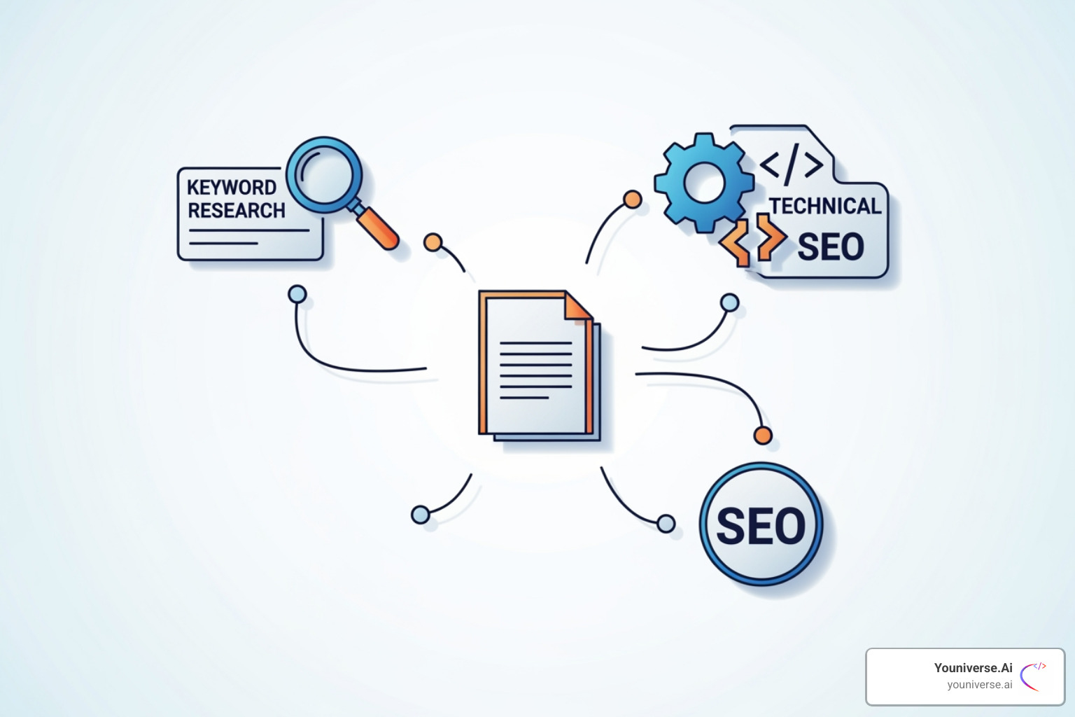 Interconnected icons representing content, keywords, and technical SEO working in harmony - auto seo Interconnected icons representing content, keywords, and technical SEO working in harmony - auto seo