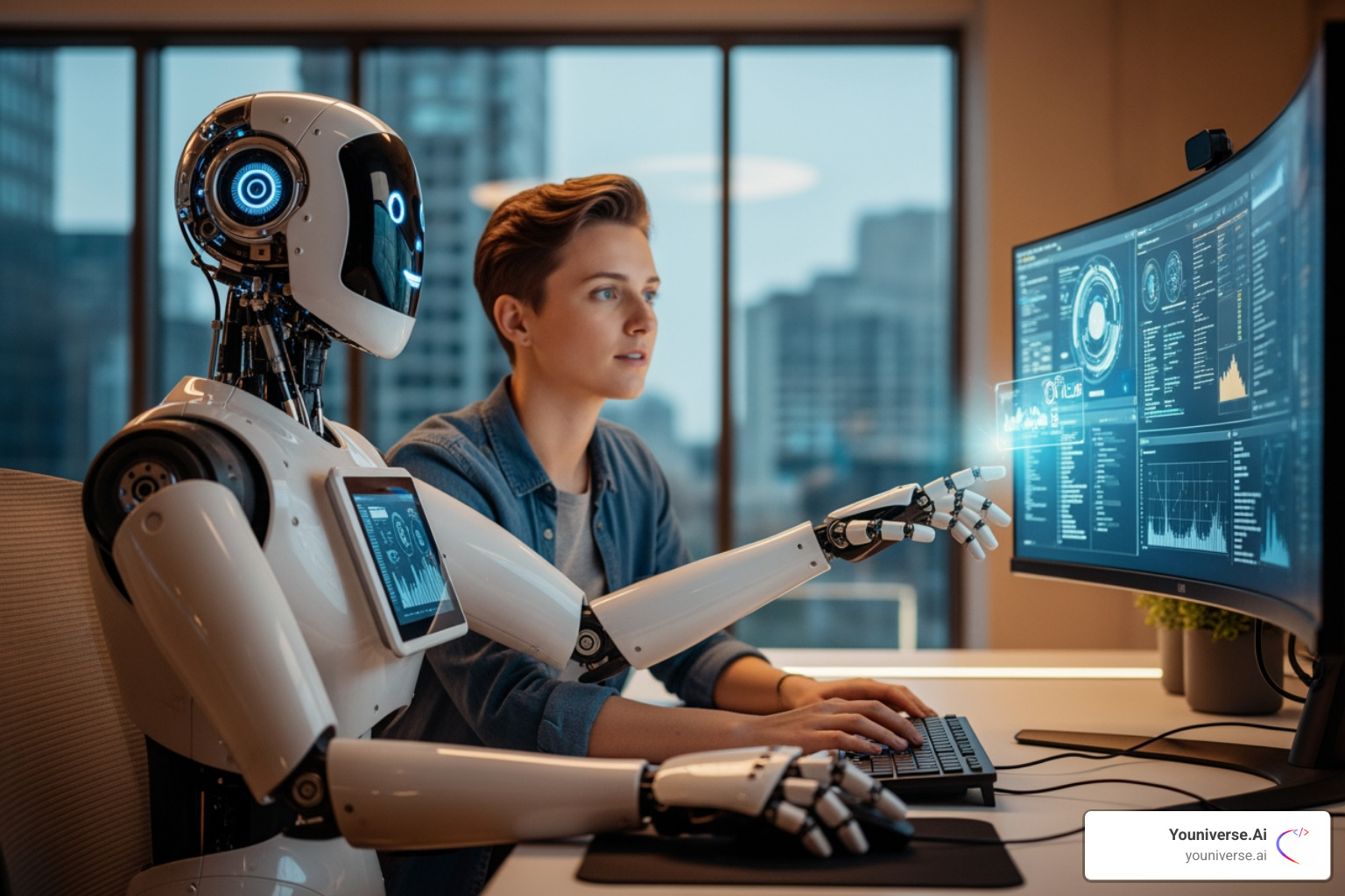 A person and a robot collaborating at a computer, symbolizing human-AI partnership in SEO - auto seo A person and a robot collaborating at a computer, symbolizing human-AI partnership in SEO - auto seo