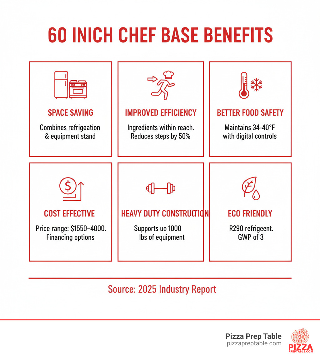 Infographic showing benefits of 60 inch chef base: Space Saving (combines refrigeration and equipment stand in one unit), Improved Efficiency (ingredients within arm's reach reduces steps by 50%), Better Food Safety (maintains 34-40°F temperature range with digital controls), Cost Effective (price range $1500-$4000 with financing options), Heavy Duty Construction (supports up to 1000 lbs of cooking equipment), Eco Friendly (R290 refrigerant with GWP of 3) - 60 inch chef base infographic Infographic showing benefits of 60 inch chef base: Space Saving (combines refrigeration and equipment stand in one unit), Improved Efficiency (ingredients within arm's reach reduces steps by 50%), Better Food Safety (maintains 34-40°F temperature range with digital controls), Cost Effective (price range $1500-$4000 with financing options), Heavy Duty Construction (supports up to 1000 lbs of cooking equipment), Eco Friendly (R290 refrigerant with GWP of 3) - 60 inch chef base infographic