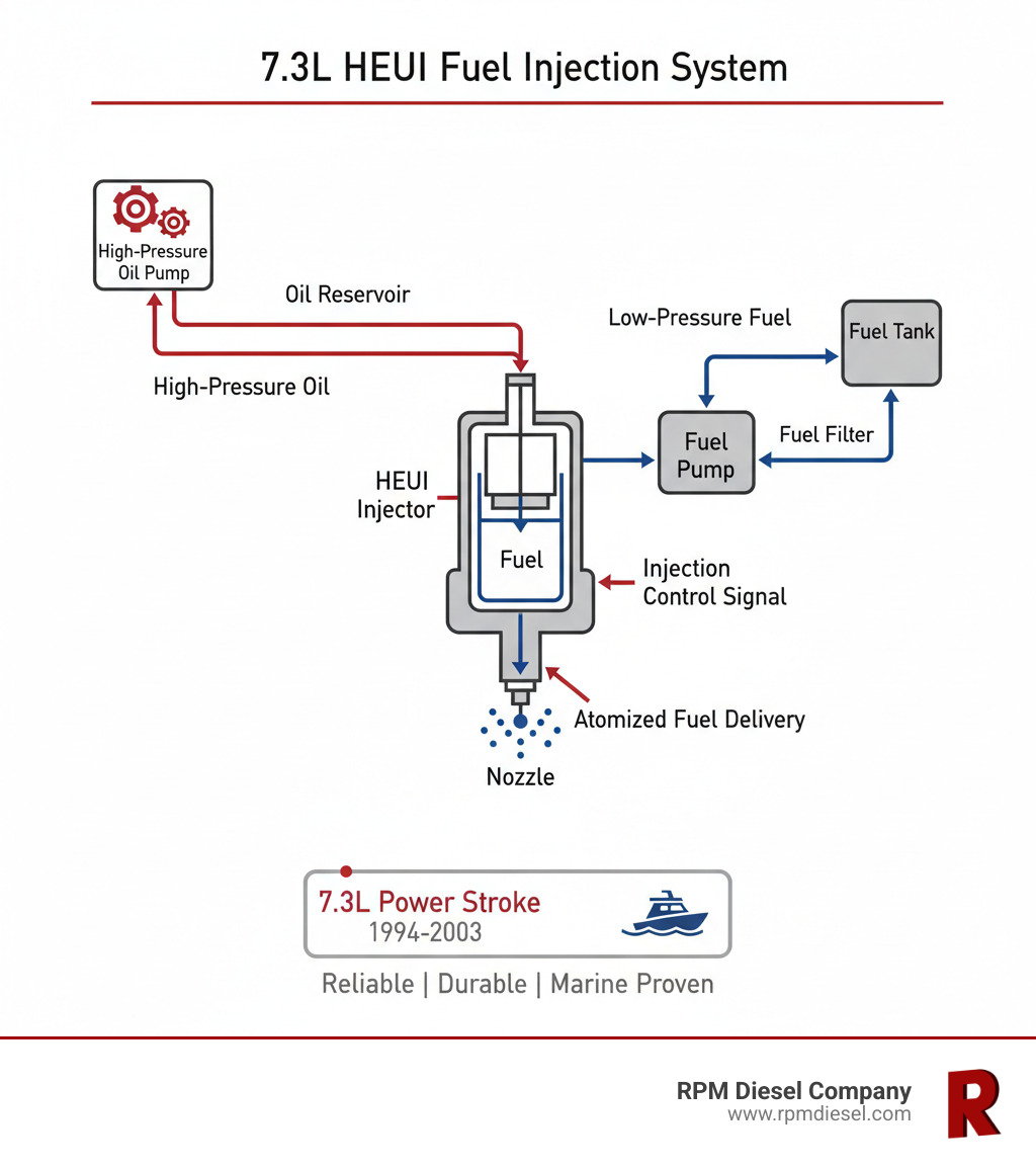 HEUI fuel injection system diagram showing high-pressure oil pump, injector operation, and fuel delivery process for 7.3L marine diesel engines - 2000 7.3 powerstroke injectors infographic HEUI fuel injection system diagram showing high-pressure oil pump, injector operation, and fuel delivery process for 7.3L marine diesel engines - 2000 7.3 powerstroke injectors infographic