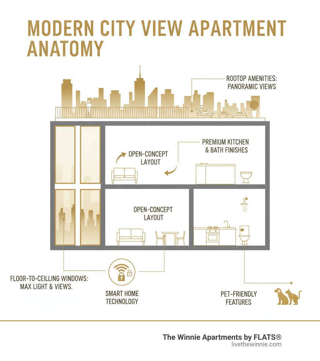Infographic showing the anatomy of a modern city view apartment: floor-to-ceiling windows for maximum light and views, open-concept layout connecting living spaces, rooftop amenities with panoramic city views, smart home technology integration, premium kitchen and bathroom finishes, and pet-friendly features - modern apartments with city view infographic 
