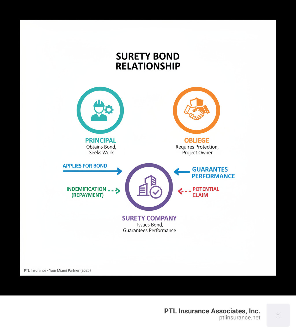 Infographic showing the three-party surety bond relationship: the Principal obtains the bond, the Surety company issues the bond and guarantees performance, and the Obligee is protected by the bond if the Principal fails to meet obligations, with arrows indicating the flow of guarantee and potential claim reimbursement - assurity bond infographic Infographic showing the three-party surety bond relationship: the Principal obtains the bond, the Surety company issues the bond and guarantees performance, and the Obligee is protected by the bond if the Principal fails to meet obligations, with arrows indicating the flow of guarantee and potential claim reimbursement - assurity bond infographic