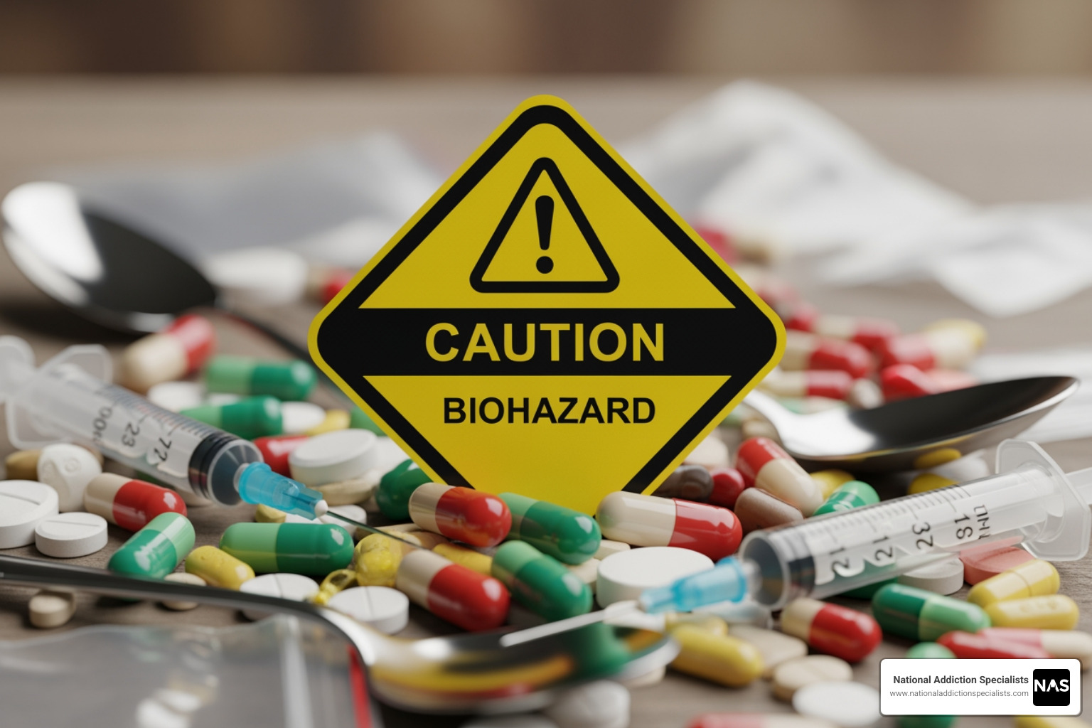 warning sign over crushed pills and injection paraphernalia - subutex vs suboxone abuse