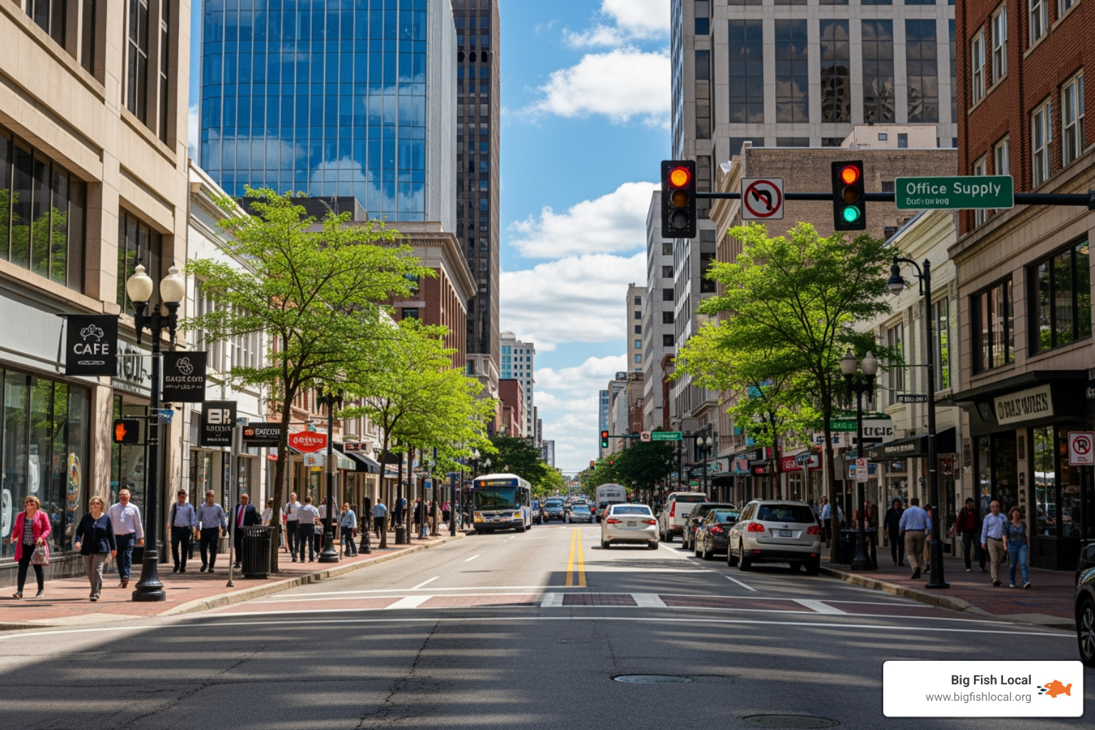 A busy local Dayton street or business district with people walking and storefronts - SEO Dayton OH