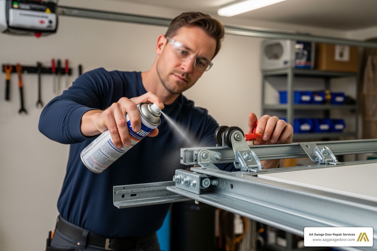 A homeowner, focused and careful, using a spray lubricant on the rollers and hinges of a garage door track. - garage door repair eau claire wi