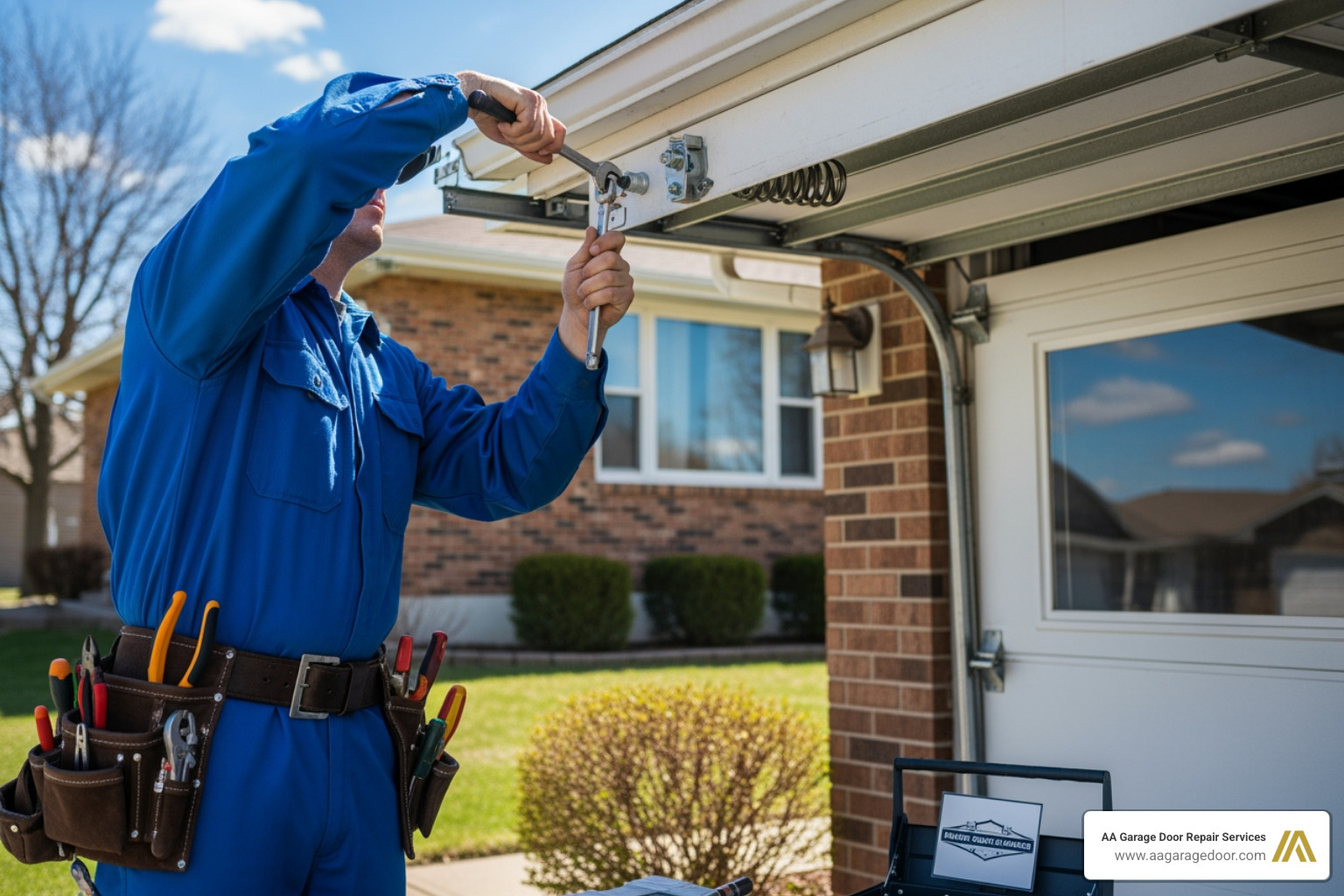 A skilled technician, wearing a uniform, carefully repairing the internal components of a garage door opener, with tools laid out neatly beside them. - garage door repair eau claire wi