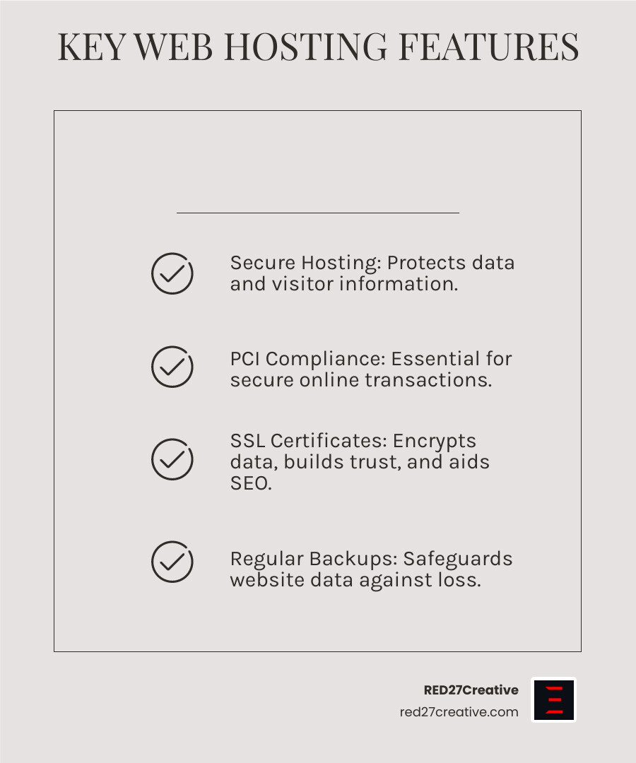 Table comparing essential features of business web hosting plans, including storage, bandwidth, SSL, backups, security, and support - Fox Valley web design infographic checklist-light-beige Table comparing essential features of business web hosting plans, including storage, bandwidth, SSL, backups, security, and support - Fox Valley web design infographic checklist-light-beige