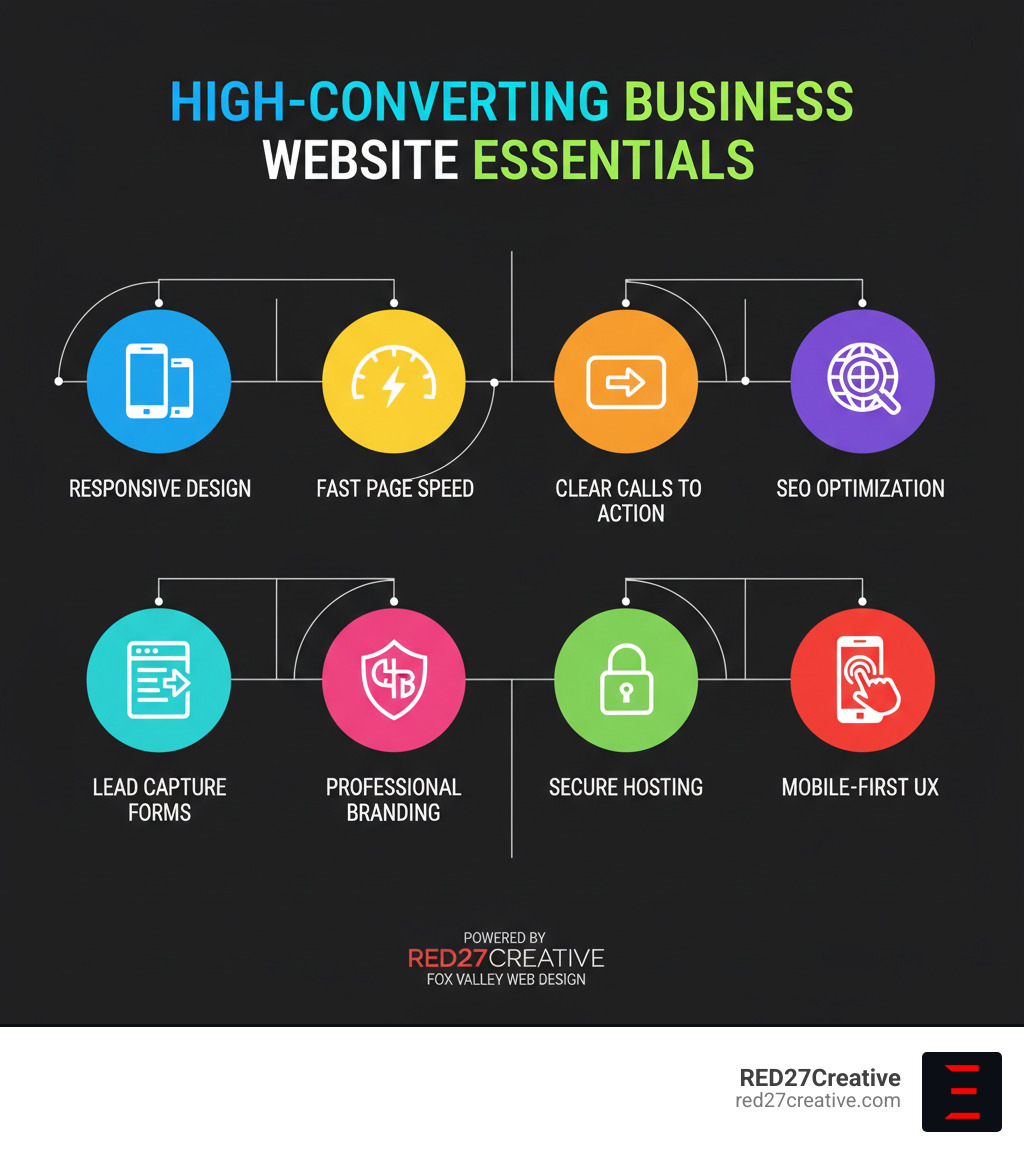 Infographic showing the essential elements of a high-converting business website: responsive design, fast page speed, clear calls to action, SEO optimization, lead capture forms, professional branding, secure hosting, and mobile-first user experience - Fox Valley web design infographic Infographic showing the essential elements of a high-converting business website: responsive design, fast page speed, clear calls to action, SEO optimization, lead capture forms, professional branding, secure hosting, and mobile-first user experience - Fox Valley web design infographic