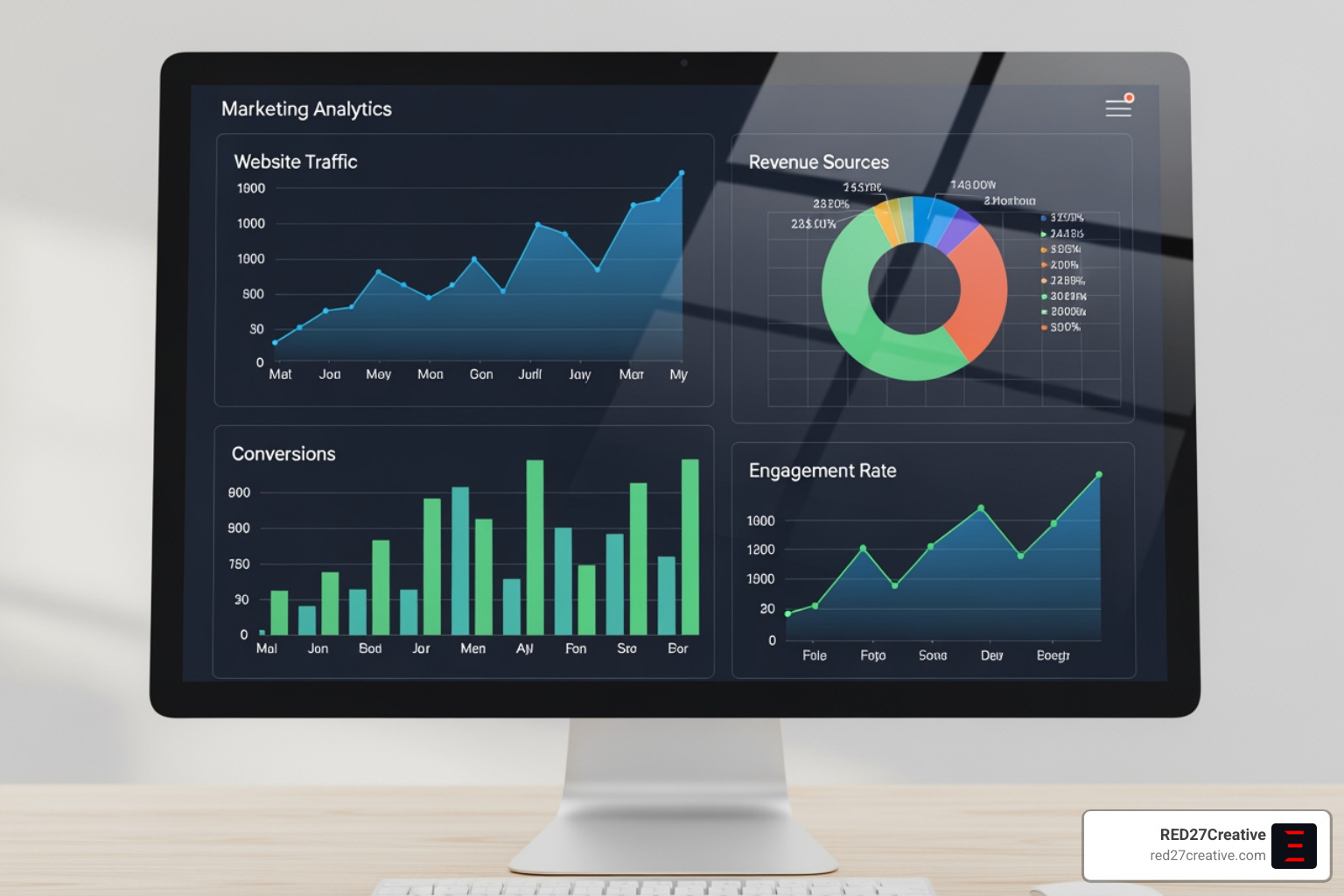 Marketing analytics dashboard showing upward trends in website traffic, conversions, and revenue - Fox Valley web design Marketing analytics dashboard showing upward trends in website traffic, conversions, and revenue - Fox Valley web design