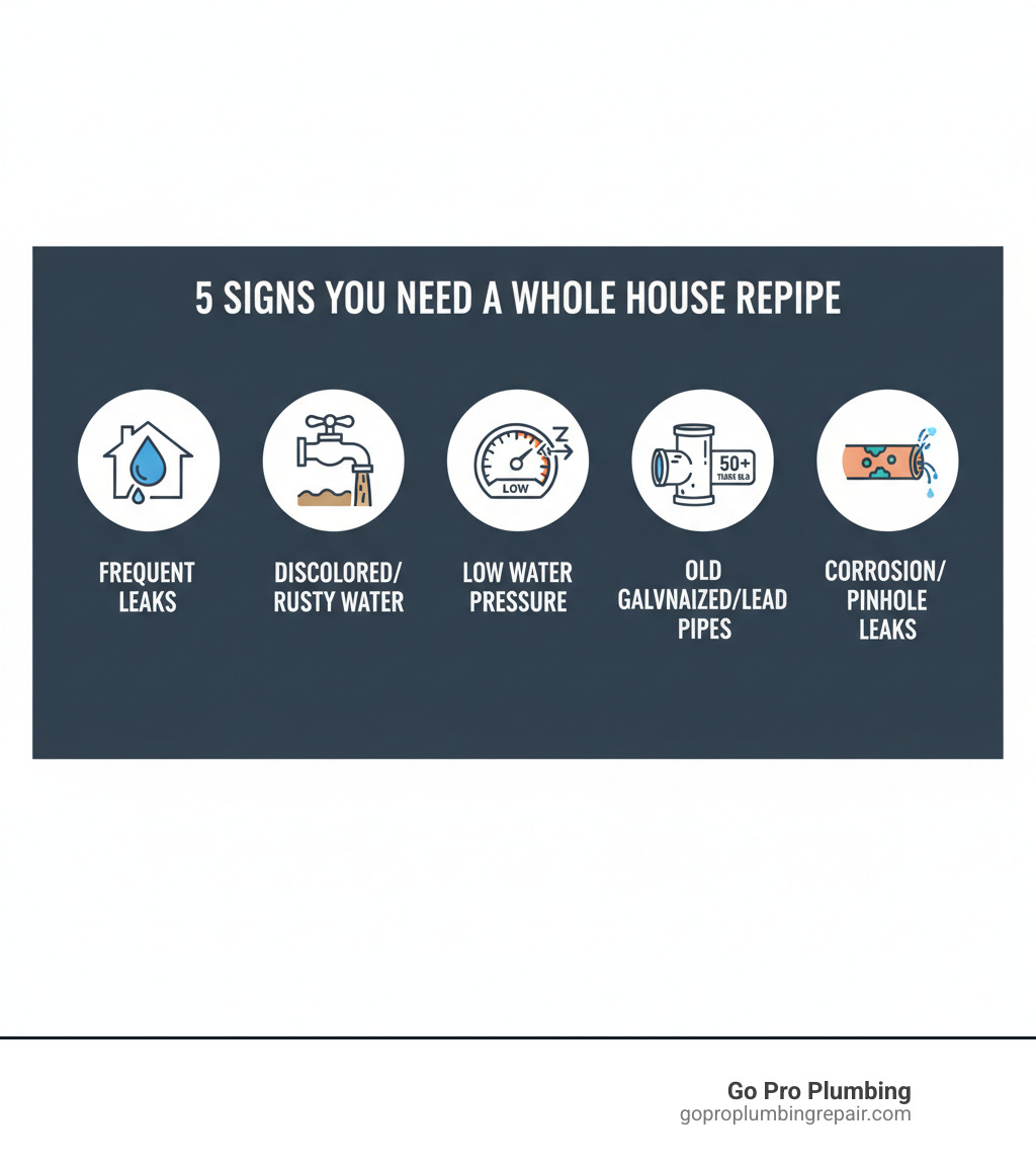 Infographic showing 5 key signs you need a whole house repipe: 1) Frequent leaks throughout the home, 2) Discolored or rusty water from faucets, 3) Low or fluctuating water pressure at multiple fixtures, 4) Pipes over 50 years old made of galvanized steel or lead, 5) Visible corrosion or pinhole leaks in copper pipes - whole house repipe infographic 