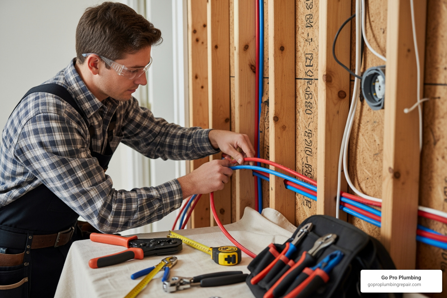 plumber carefully installing new PEX piping in a wall - whole house repipe