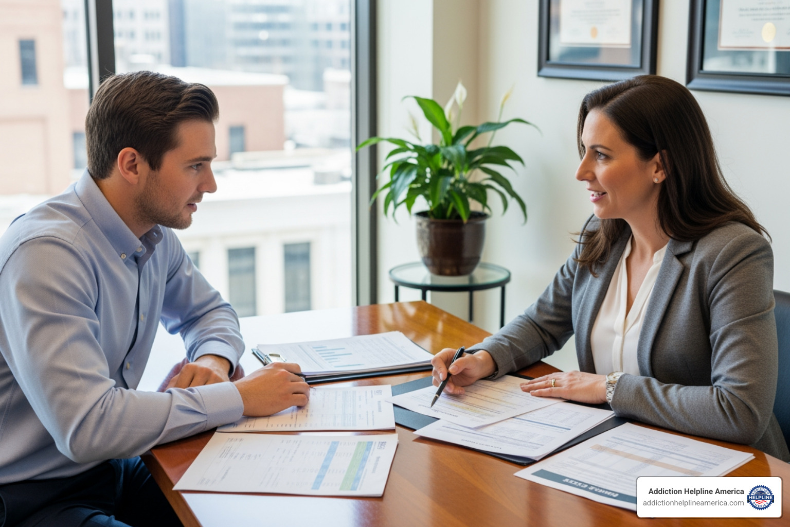 Person reviewing financial documents with a counselor - 30 day inpatient drug rehab programs near me
