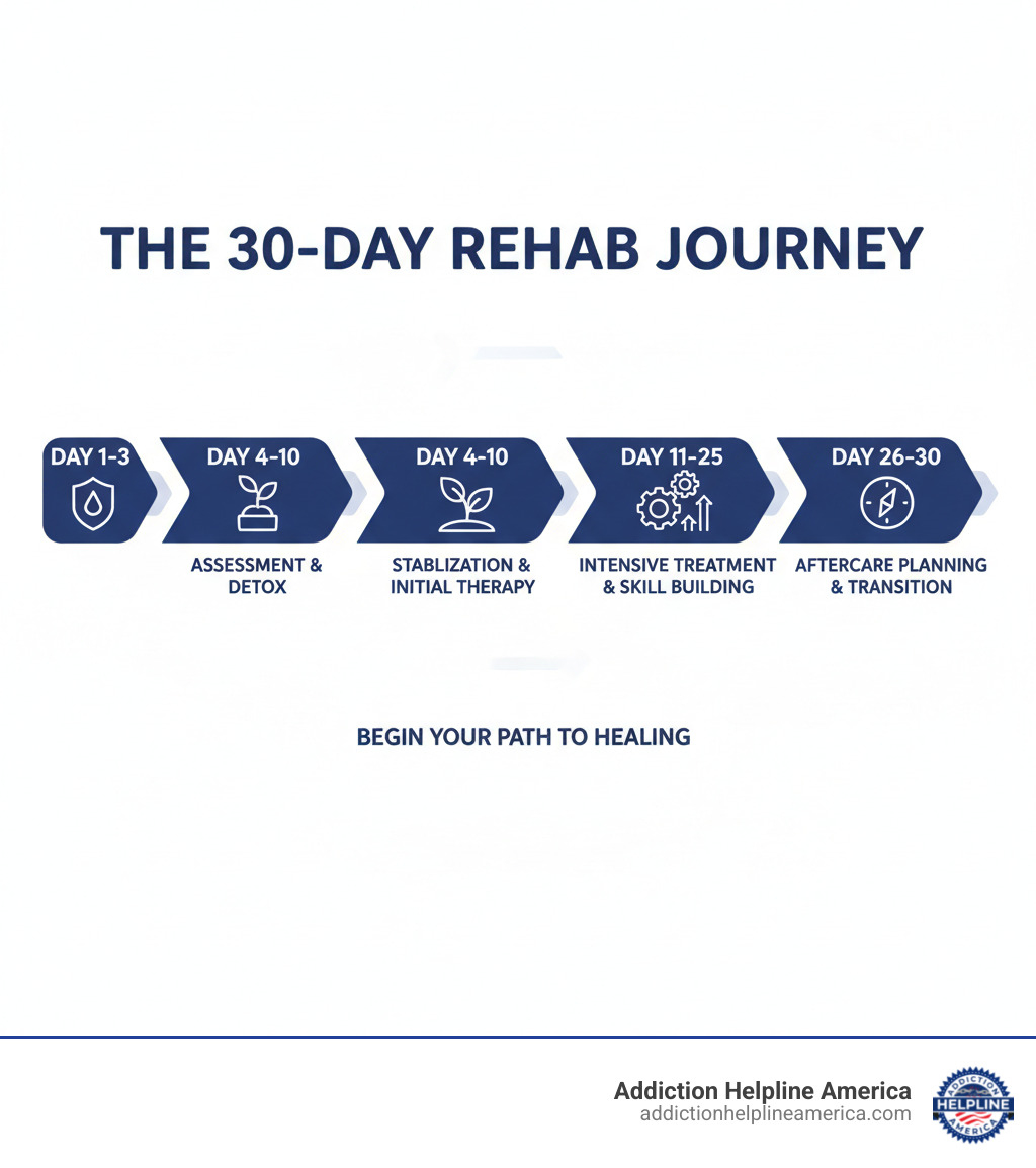 infographic showing the 30-day rehab journey: Day 1-3 Assessment and Detox, Day 4-10 Stabilization and Initial Therapy, Day 11-25 Intensive Treatment and Skill Building, Day 26-30 Aftercare Planning and Transition - 30 day inpatient rehab programs near broward county infographic infographic showing the 30-day rehab journey: Day 1-3 Assessment and Detox, Day 4-10 Stabilization and Initial Therapy, Day 11-25 Intensive Treatment and Skill Building, Day 26-30 Aftercare Planning and Transition - 30 day inpatient rehab programs near broward county infographic
