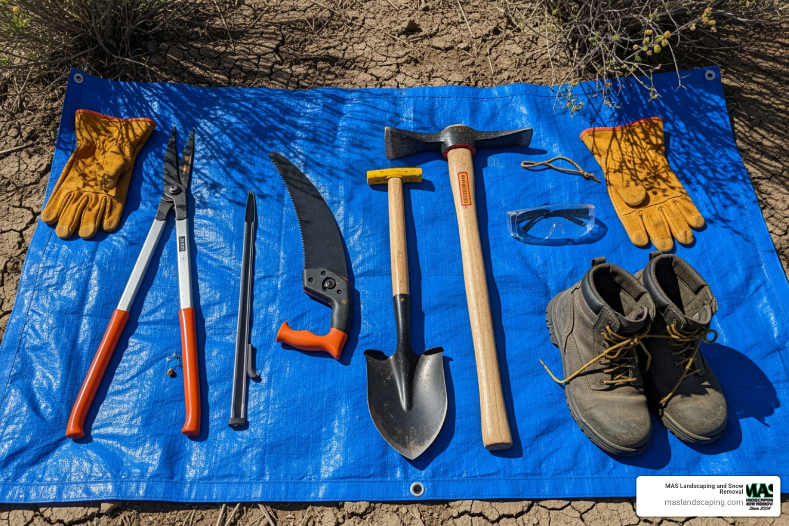 essential tools like loppers, a mattock, a shovel, and safety gear laid out on a tarp - remove overgrown bushes
