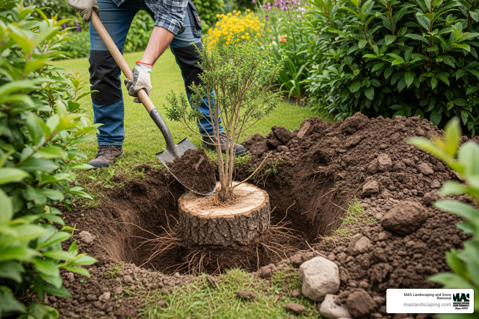 a person digging a trench around a cut-down shrub stump - remove overgrown bushes