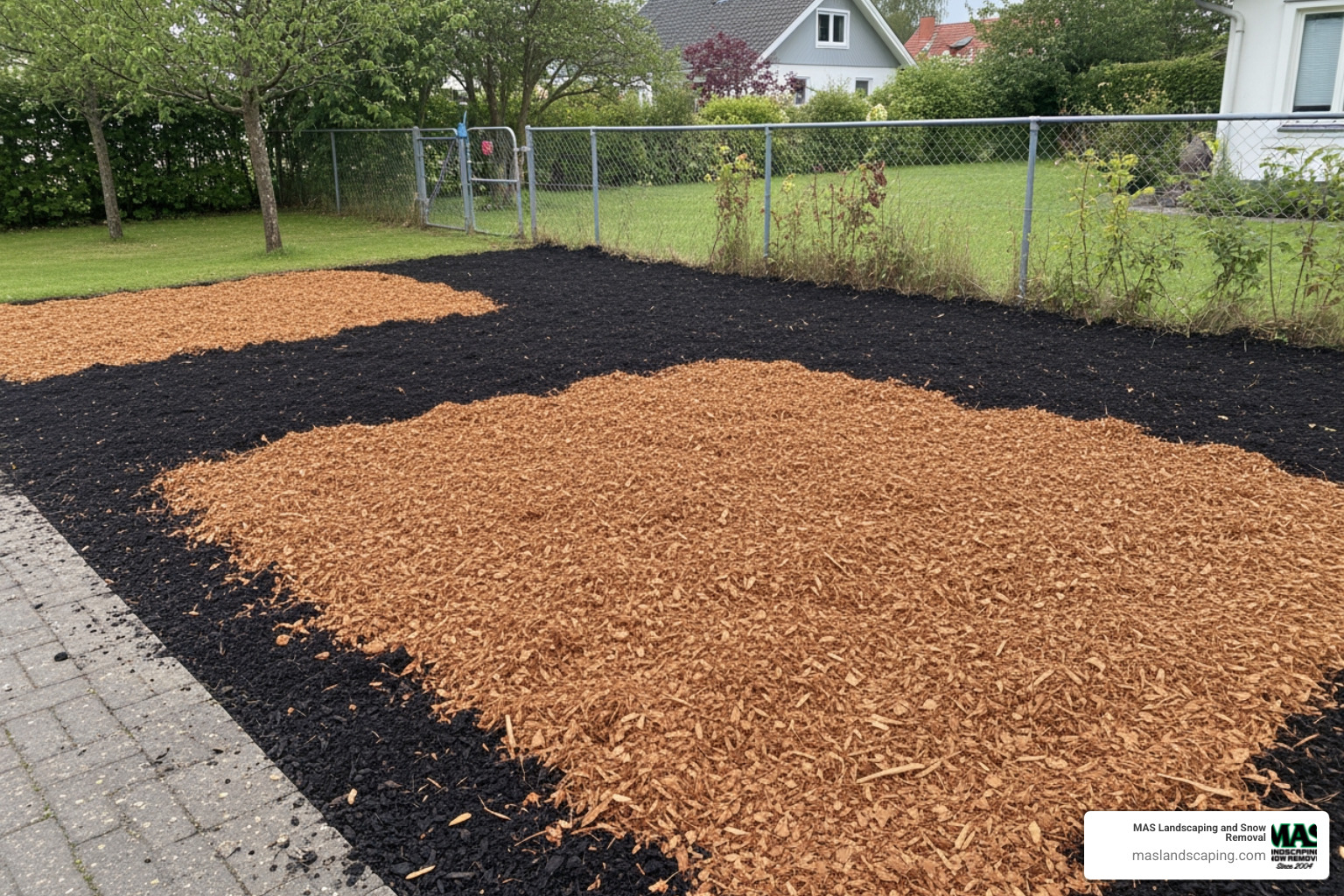 a cleared area with fresh topsoil and mulch, ready for planting - remove overgrown bushes