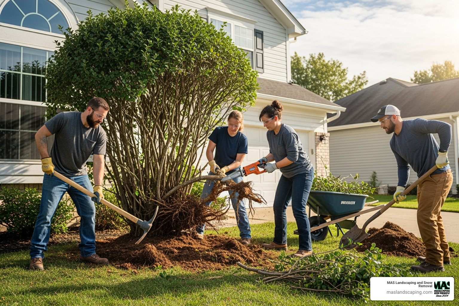 professional landscapers removing a large bush - remove overgrown bushes