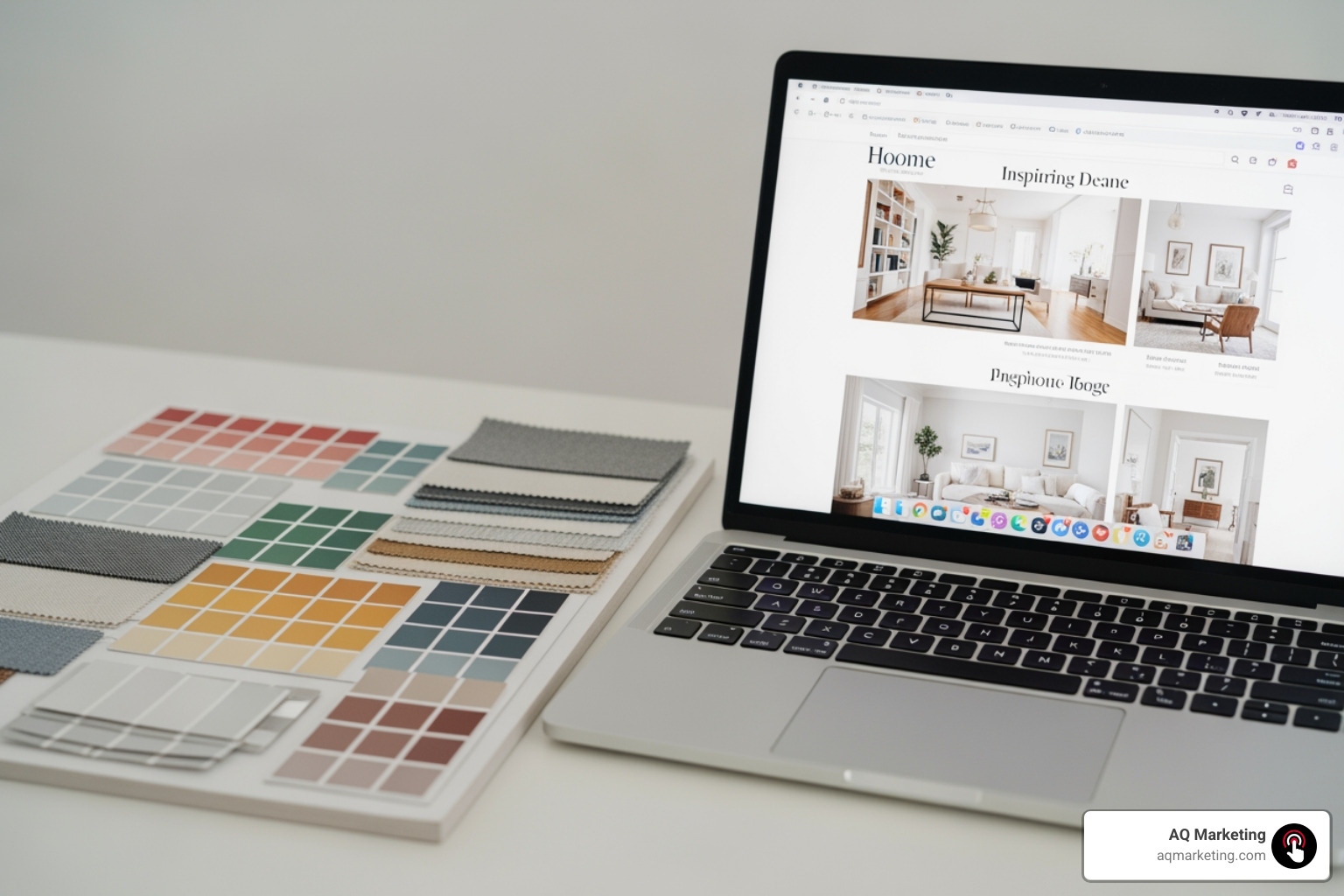 Mood board with fabric swatches and paint chips next to a laptop displaying a design website - Home Renovation Websites Mood board with fabric swatches and paint chips next to a laptop displaying a design website - Home Renovation Websites