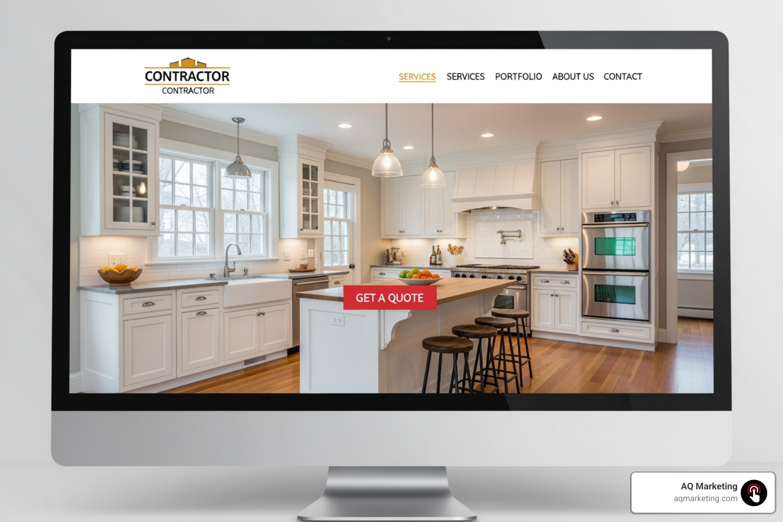A contractor website's homepage with a clear "Get a Quote" button, showcasing a beautifully renovated kitchen in a New England style home - Home Renovation Websites A contractor website's homepage with a clear "Get a Quote" button, showcasing a beautifully renovated kitchen in a New England style home - Home Renovation Websites