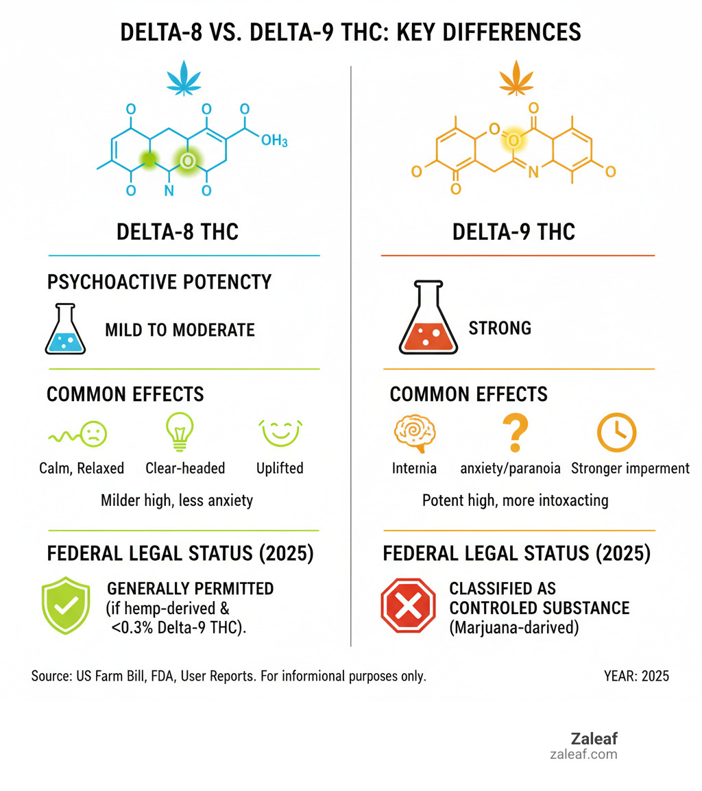 Infographic showing the key differences between Delta-8 and Delta-9 THC, including their chemical structures with the double bond location highlighted, a comparison of psychoactive potency levels, common effects reported by users for each compound, and legal status under federal law - delta 8 vape infographic Infographic showing the key differences between Delta-8 and Delta-9 THC, including their chemical structures with the double bond location highlighted, a comparison of psychoactive potency levels, common effects reported by users for each compound, and legal status under federal law - delta 8 vape infographic