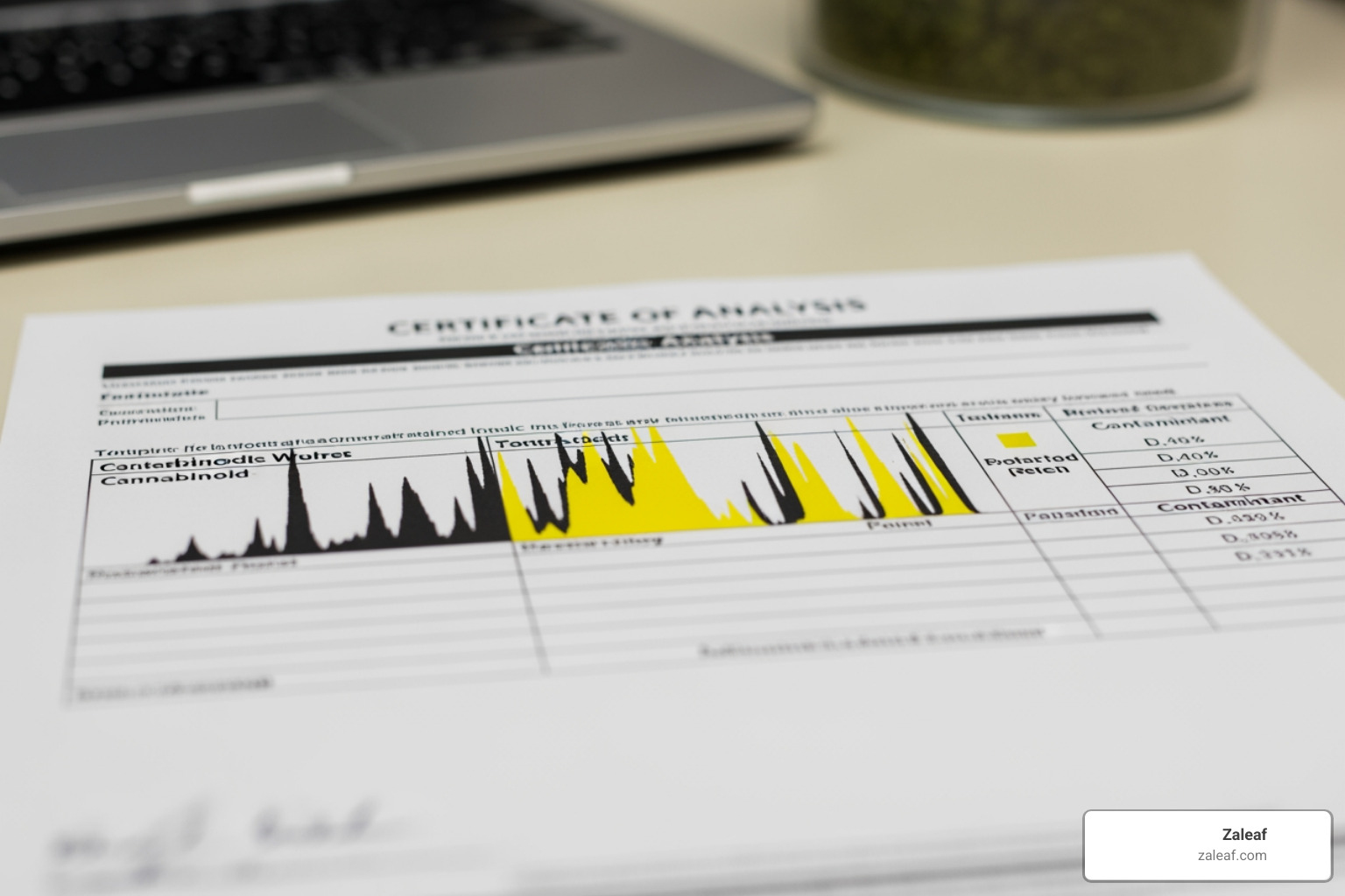 Image of a Certificate of Analysis (COA) with highlighted sections for cannabinoid profile and contaminant testing results - delta 8 vape Image of a Certificate of Analysis (COA) with highlighted sections for cannabinoid profile and contaminant testing results - delta 8 vape