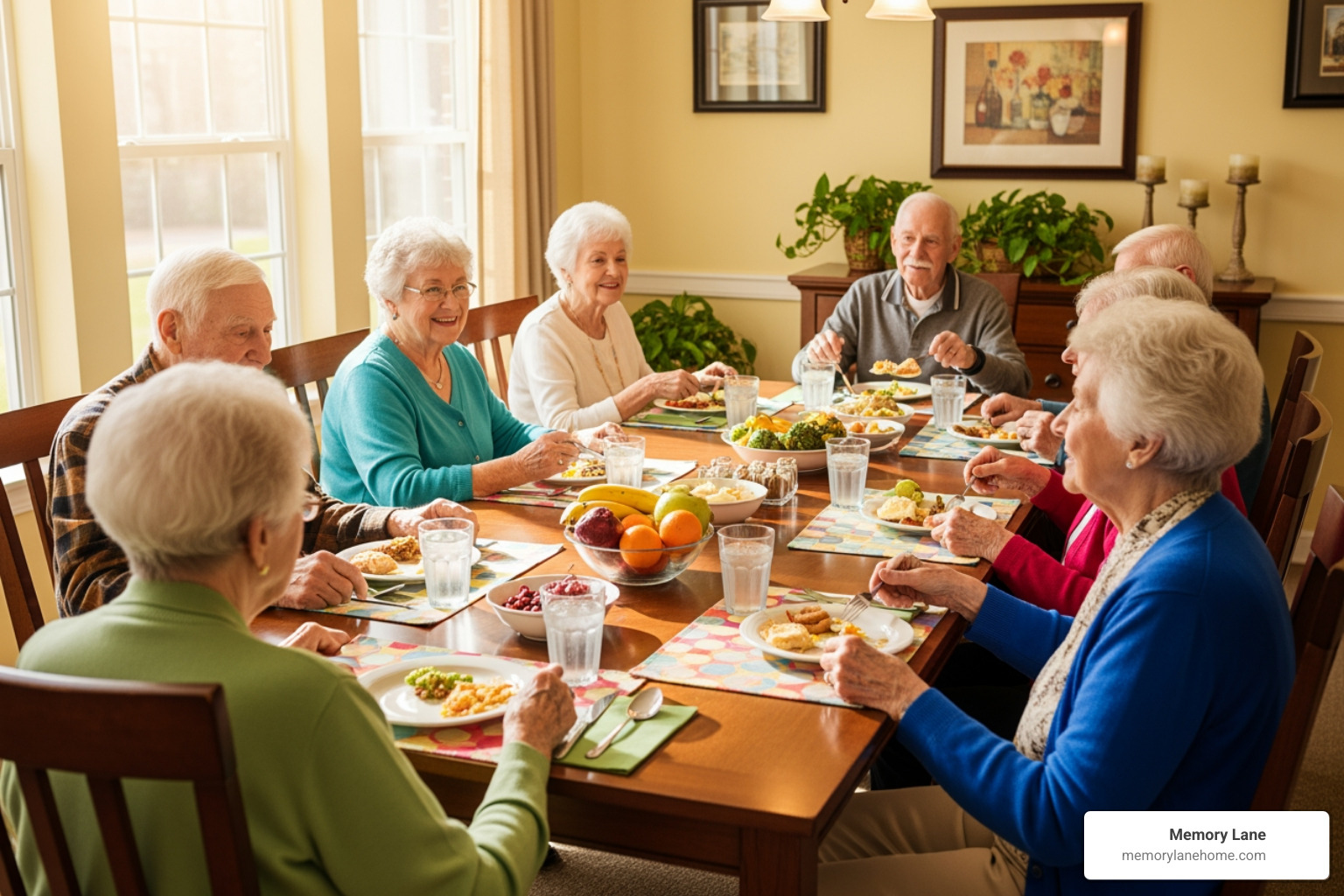Residents enjoying a meal together in a family-style dining room - memory care ann arbor
