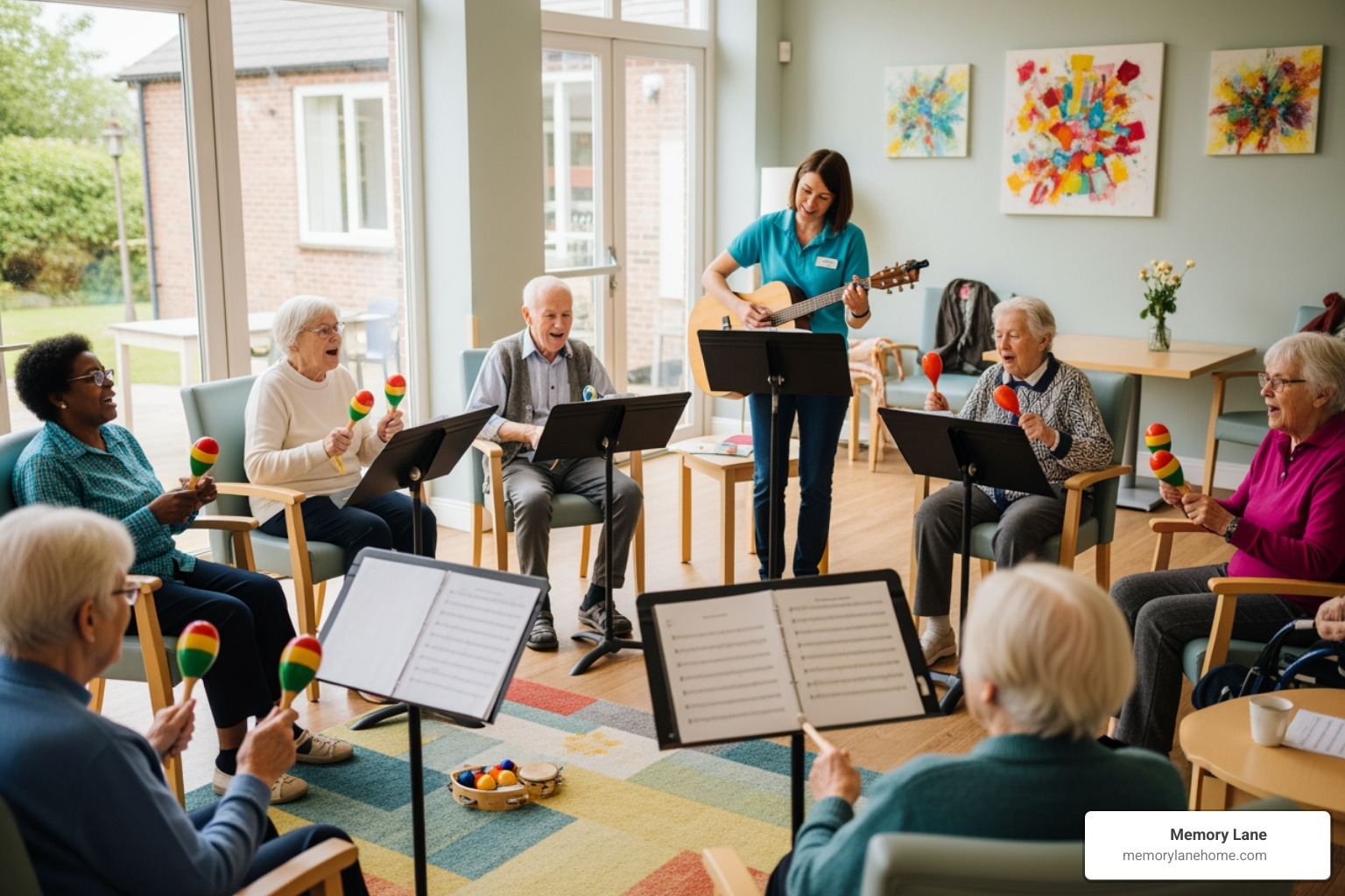 Residents engaged in a music therapy session - memory care ann arbor