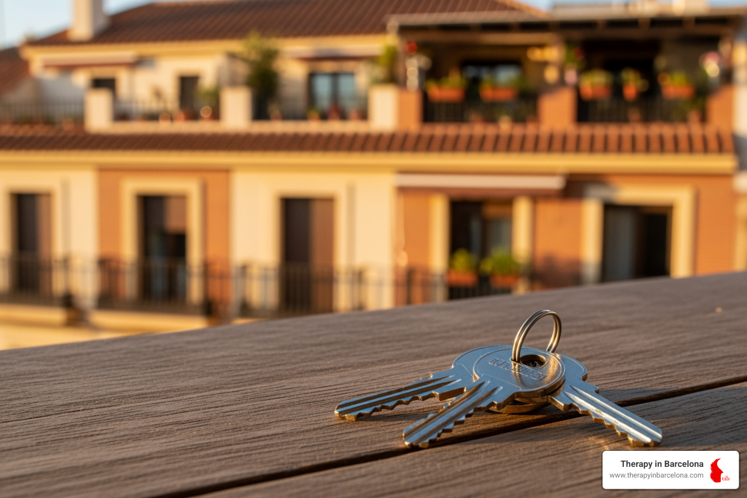 A close-up of keys resting on a table in front of a blurred Spanish apartment building facade - how to move to spain as an american