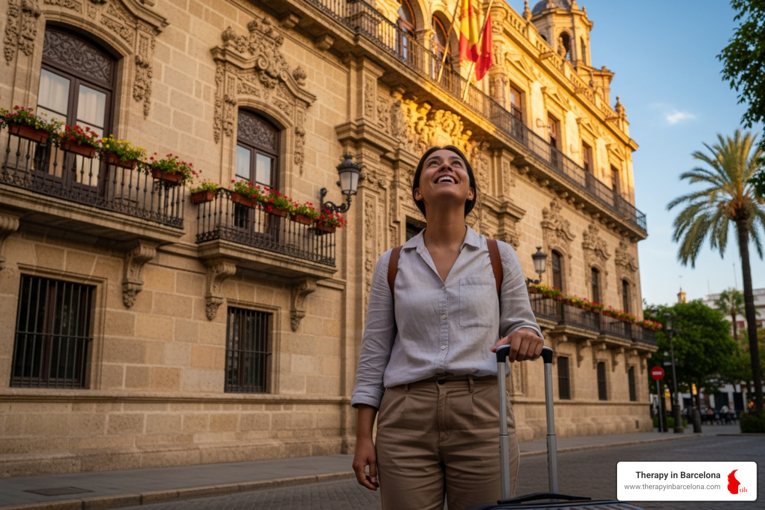 American moving to Spain, person with suitcase looking at Spanish architecture - how to move to spain as an american