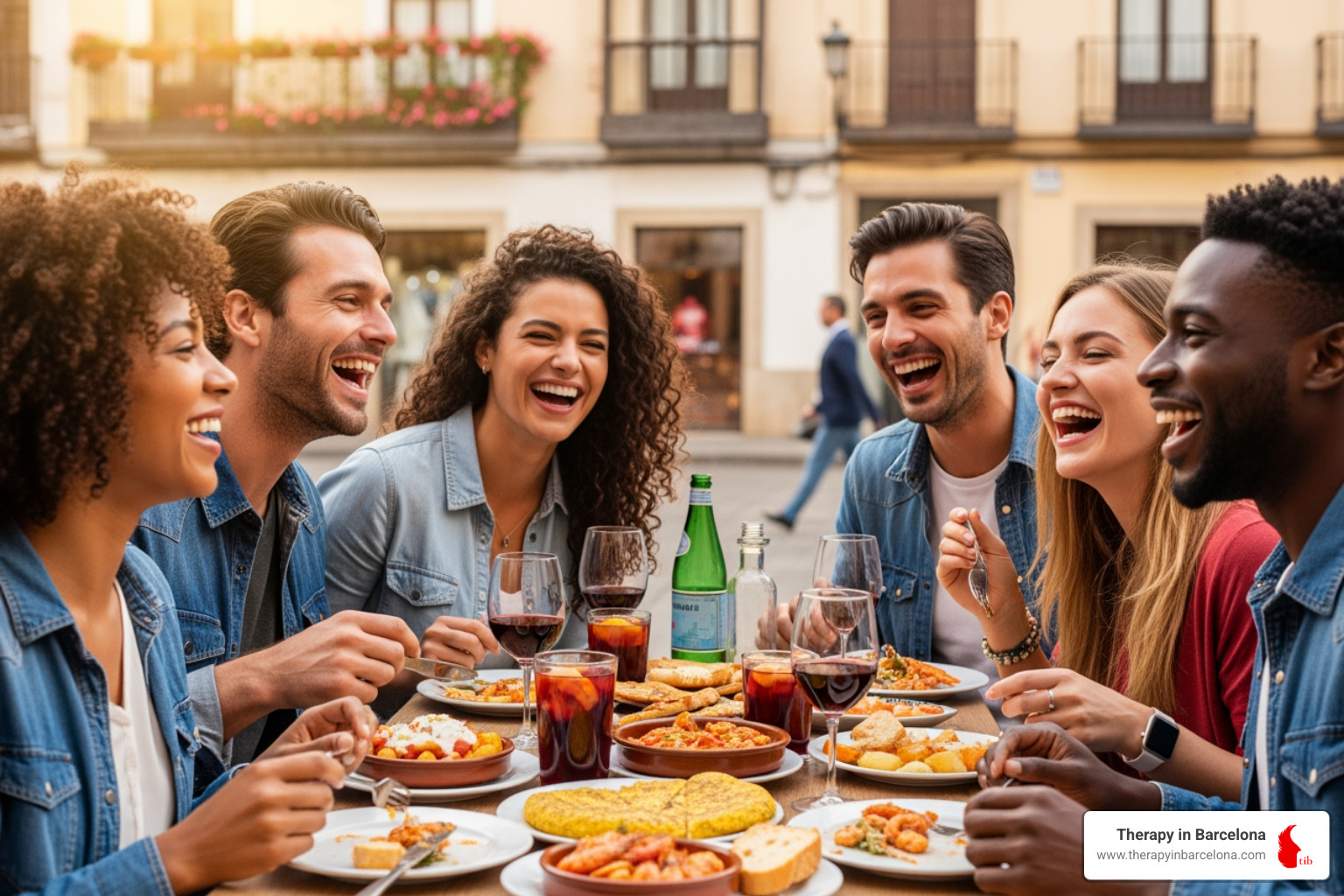 A diverse group of friends laughing and sharing tapas at an outdoor cafe in a Spanish city, conveying connection and enjoyment - how to move to spain as an american