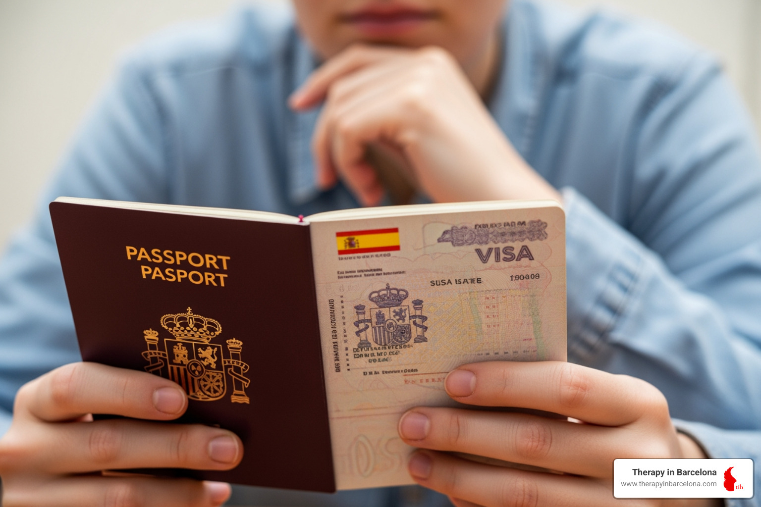 Person holding a Spanish visa in their passport, looking thoughtfully - how to move to spain as an american