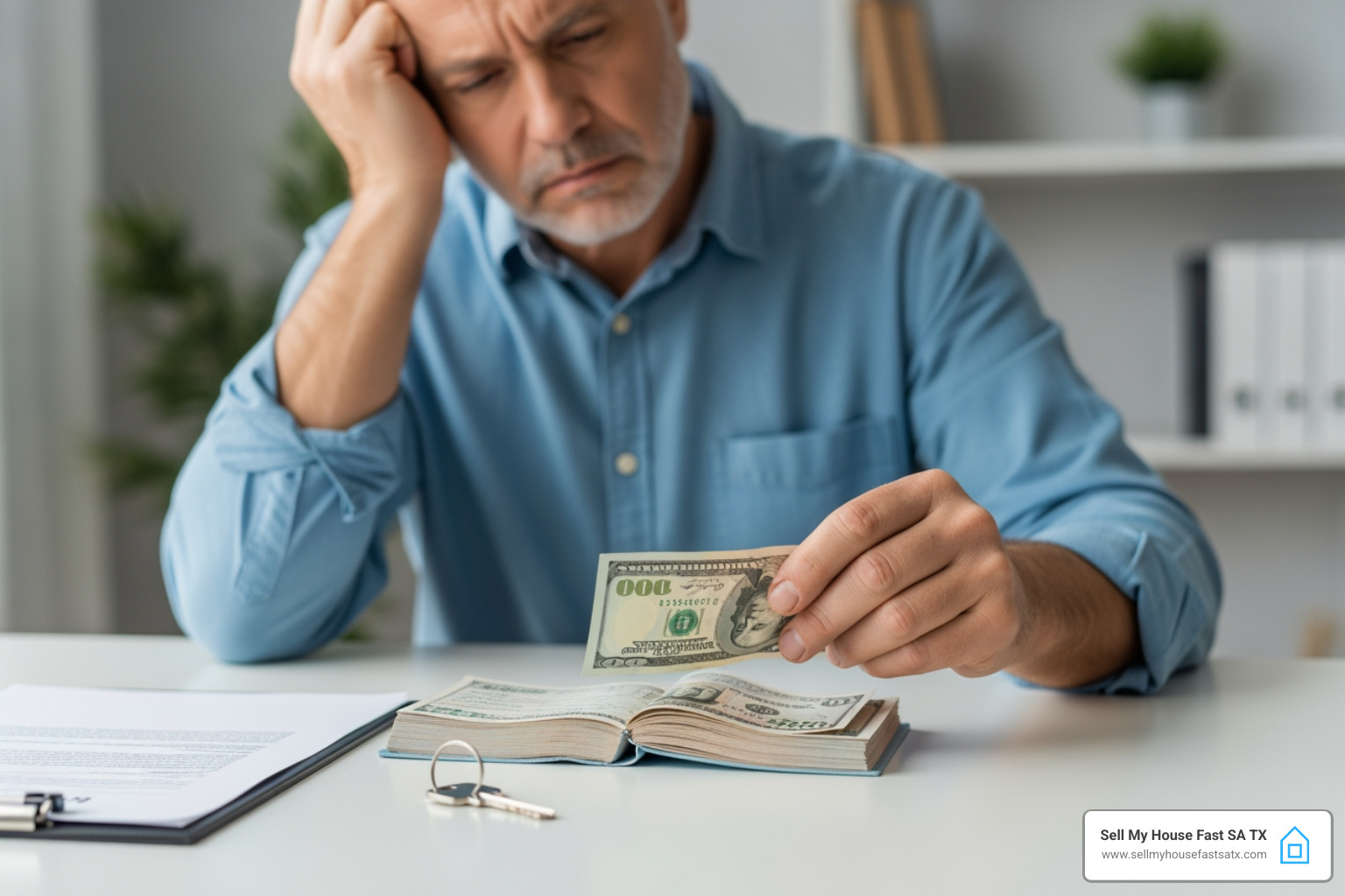 Unhappy San Antonio seller paying money at a table after backing out of a home sale - can i back out of selling my house before closing Unhappy San Antonio seller paying money at a table after backing out of a home sale - can i back out of selling my house before closing