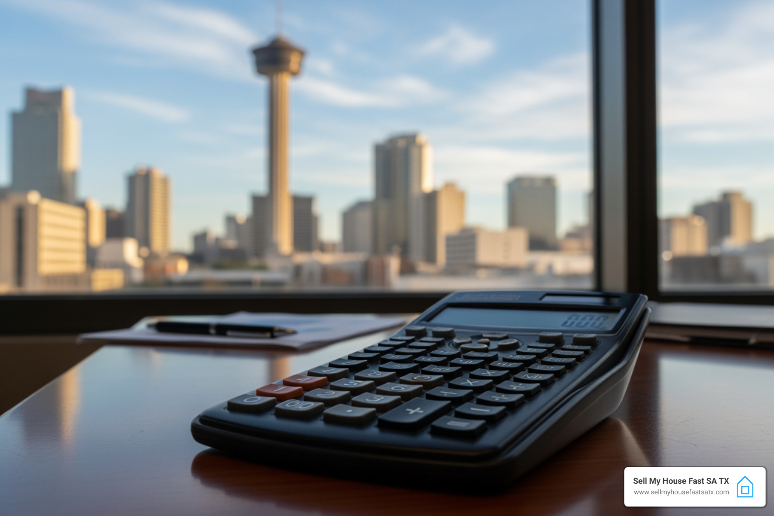 Calculator next to San Antonio skyline - how soon can you sell a house after buying it