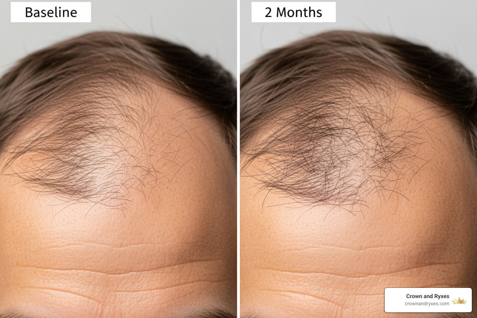 man's scalp at baseline vs. 2 months, highlighting the temporary shedding phase - minoxidil for men results man's scalp at baseline vs. 2 months, highlighting the temporary shedding phase - minoxidil for men results