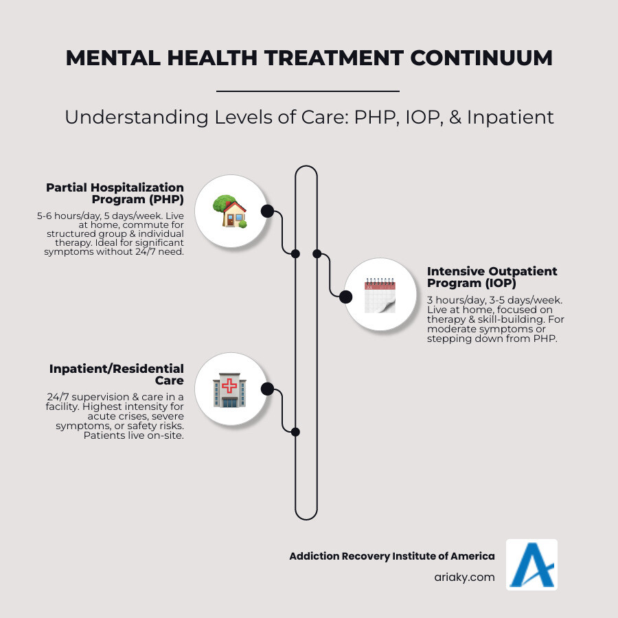 infographic describing the differences between PHP, IOP, and inpatient care - partial hospitalization program infographic infographic-line-3-steps-elegant_beige